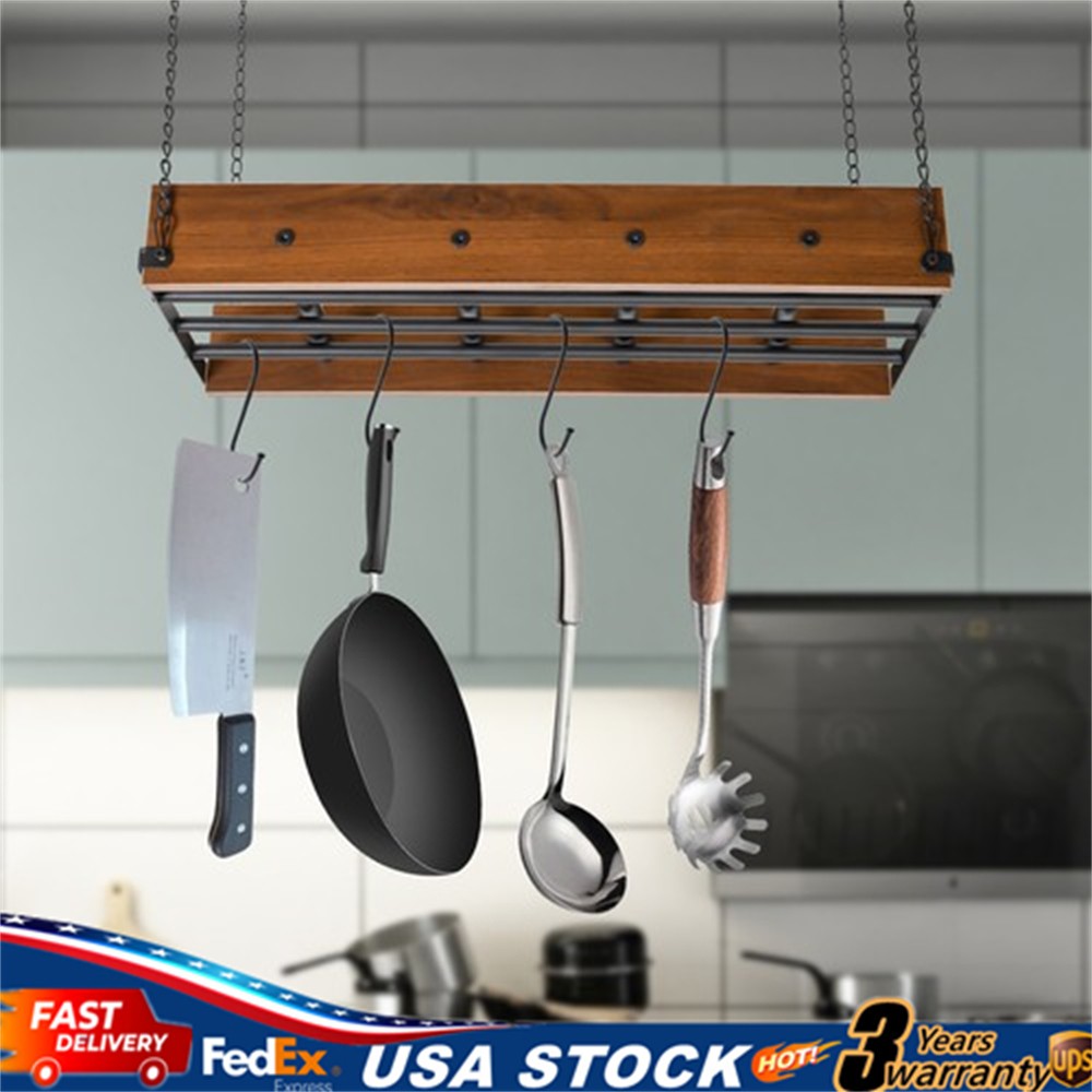 Black and Brown Ceiling Mounted Pot Rack Hanging Pots and Pans Organizer w/Hooks