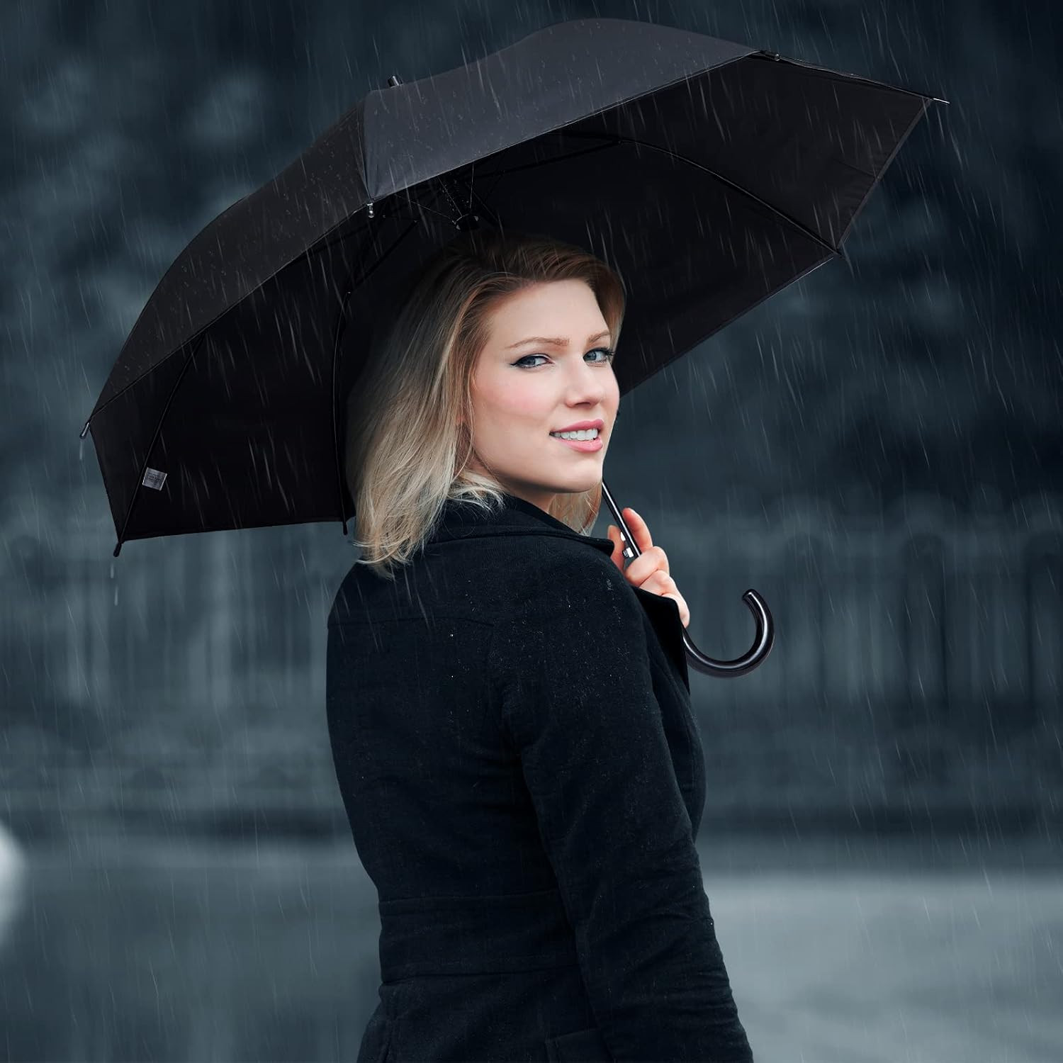Black Umbrella Bulk Wedding Stick Umbrellas Large Canopy Windproof Rain Auto Ope