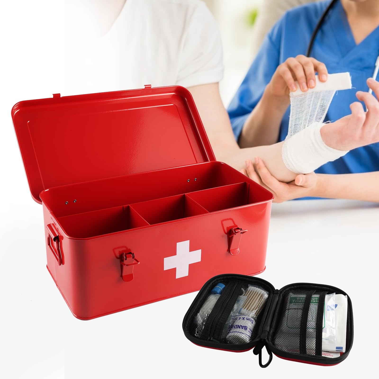 First Aid Box with Mini First Aid Kit, Metal Medicine Storage Box with Handle...