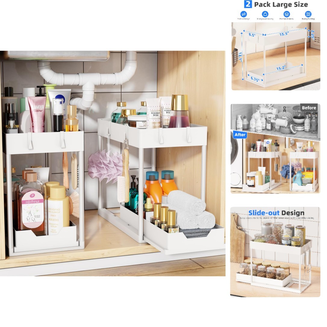 2pack Under Sink Organizer with Sliding Drawer, White | 2-Tier Multi-Use