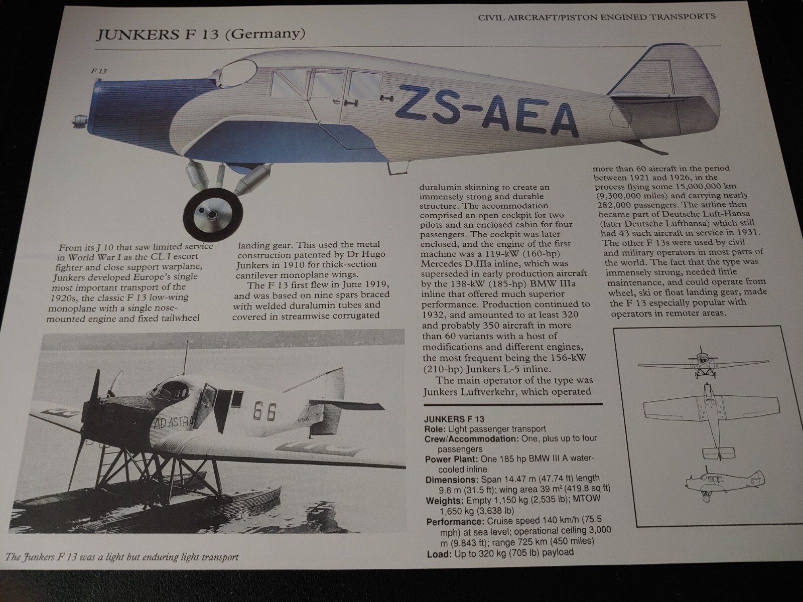 Junkers Aircraft Picture Out of Print Article Spec Sheet Wall Art Display