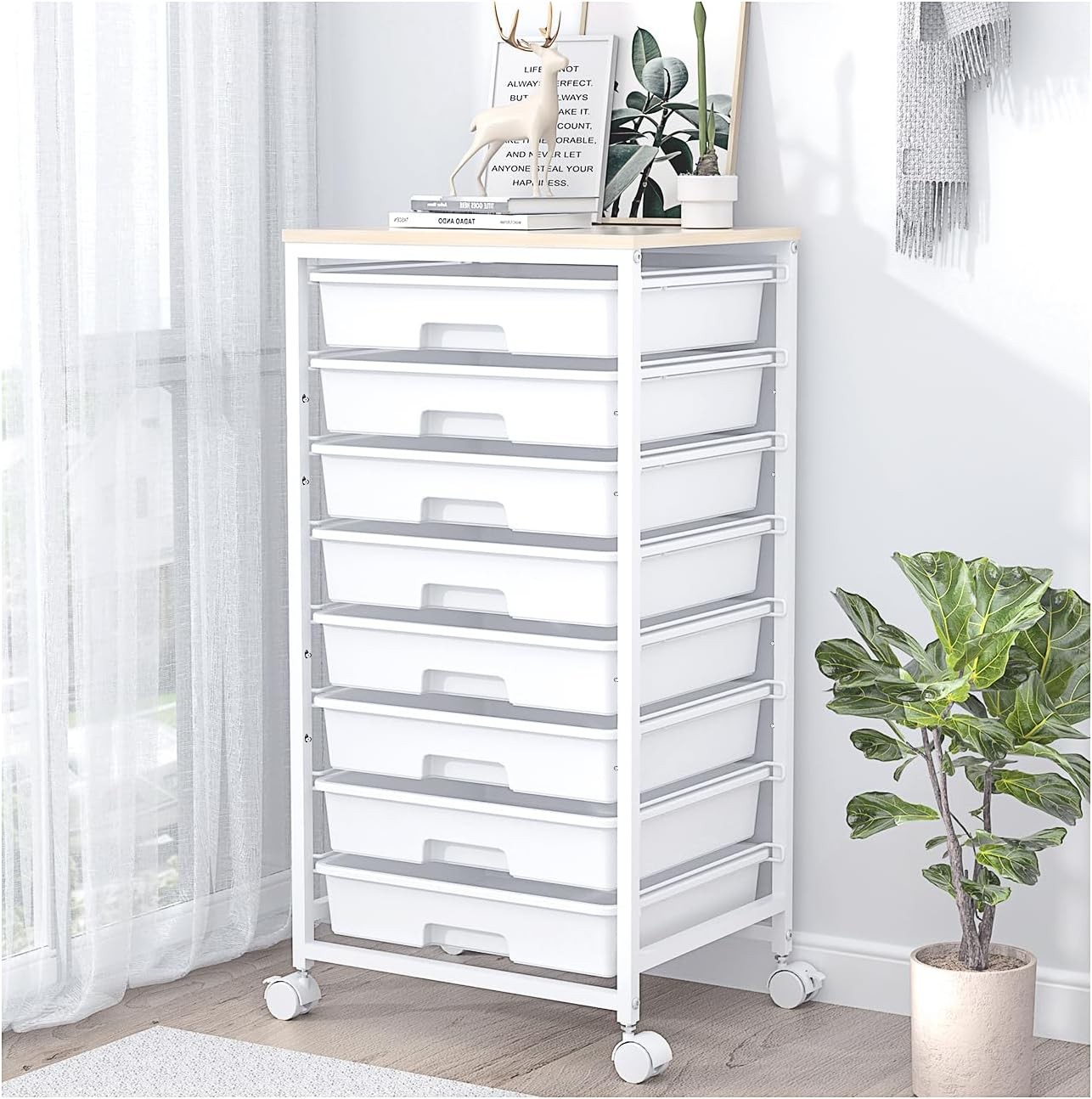 SYKIARIOL White 8 Drawer Wood Top Rolling Storage Unit