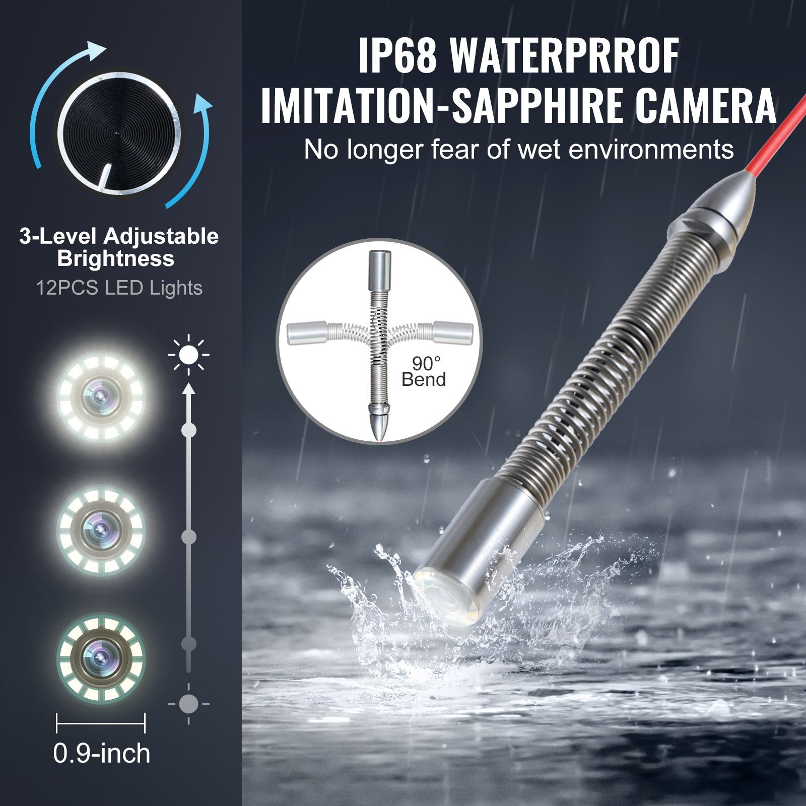 Sewer Camera 328ft 10.1 inch Touchscreen, Self Leveling IP68 Drain Inspection