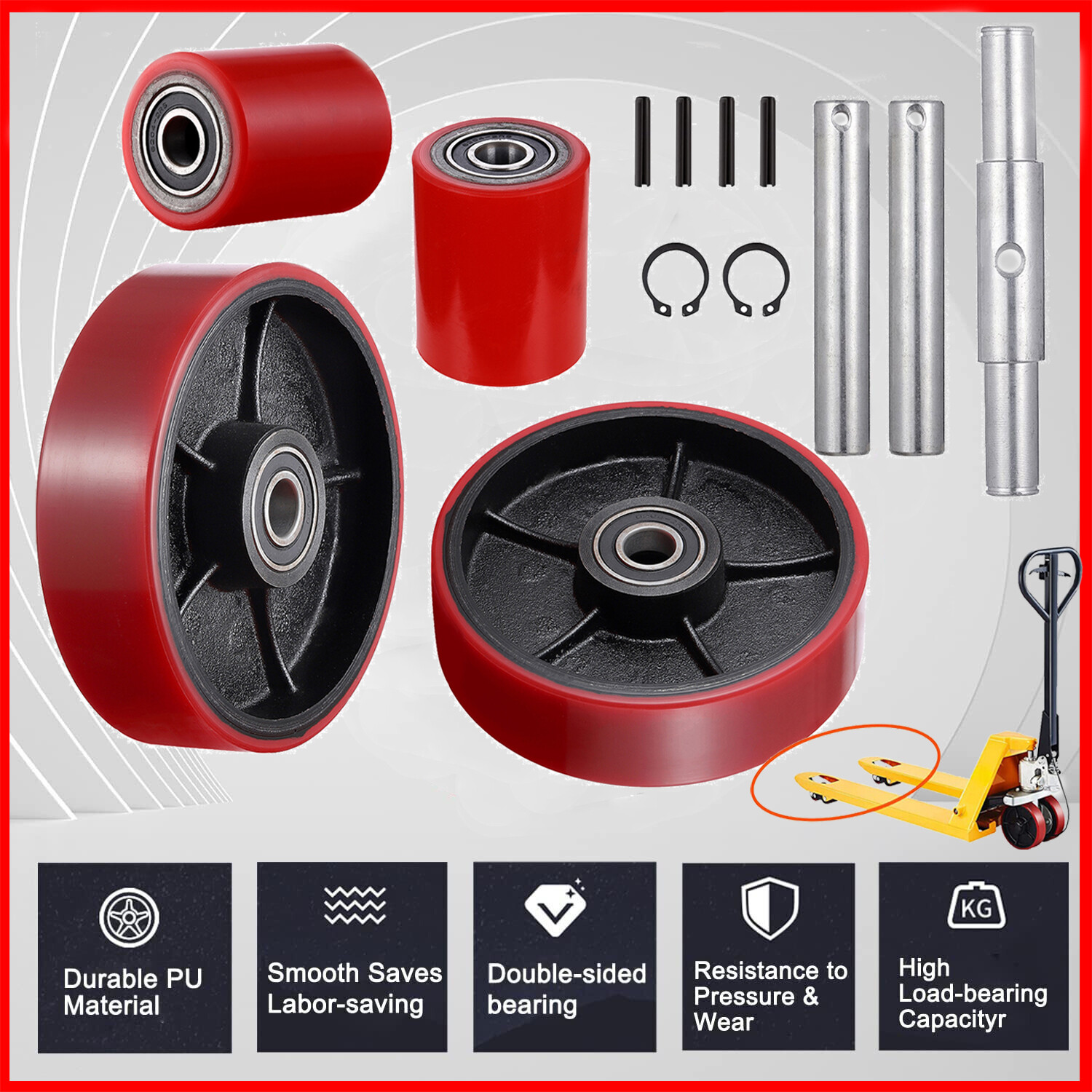Forklift Pallet Jack Truck Front and Rear Wheels Replacement Kit Set w/ Bearing