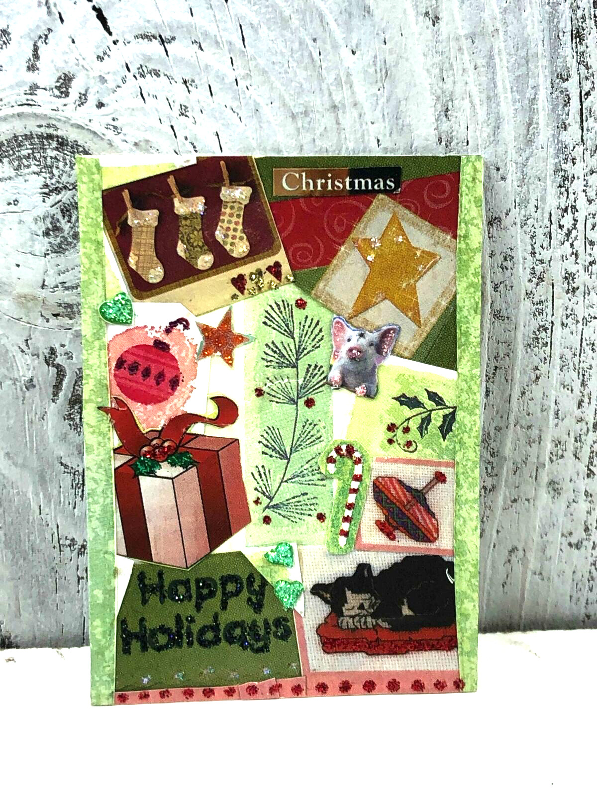 ACEO ARTIST TRADING CARD "HAPPY HOLIDAY GIFT“ MADE OUT OFF STICKERS GLITTER