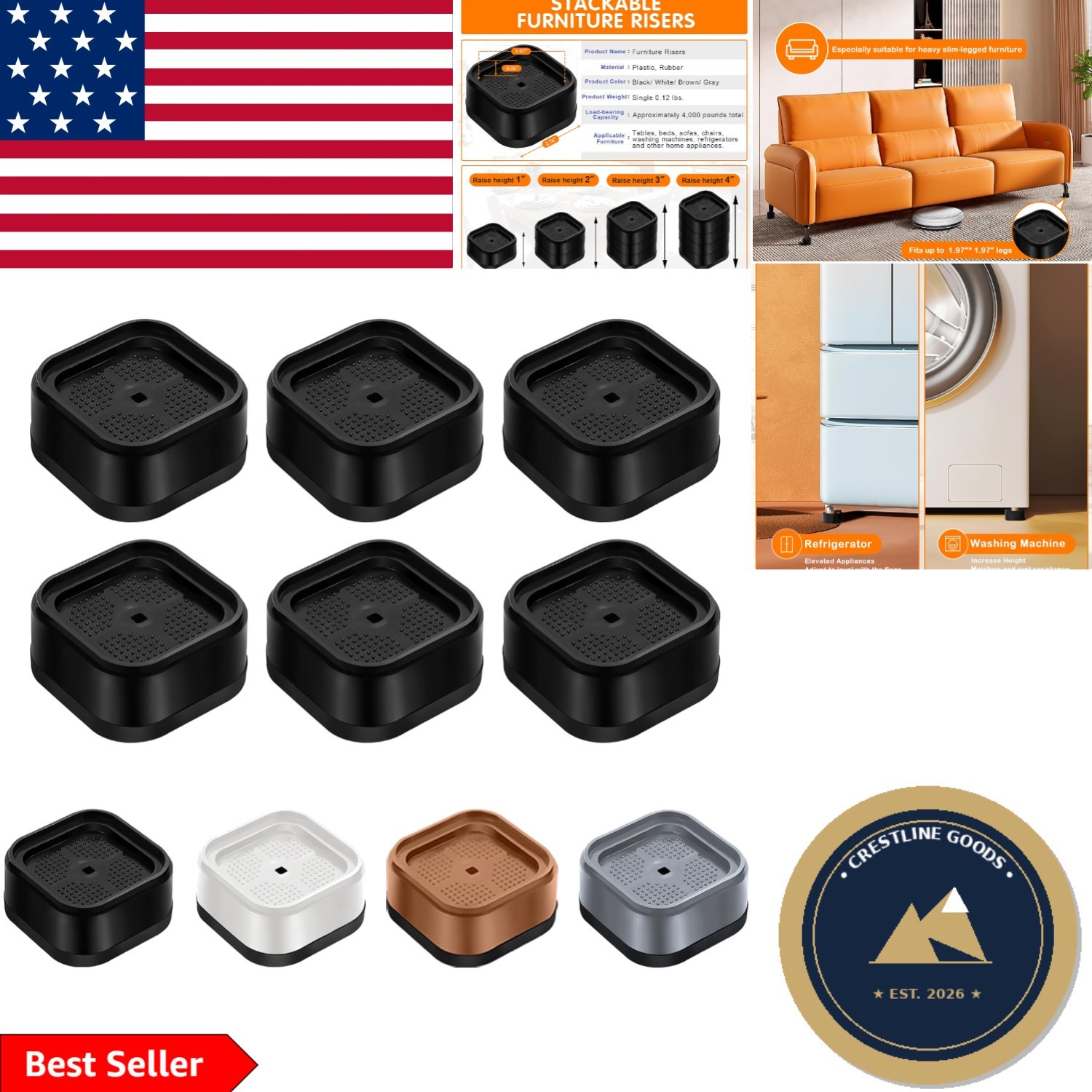 6 Pack Adjustable Bed Risers - Heavy Duty Non-Slip Furniture Lifts, 1-3 Inches