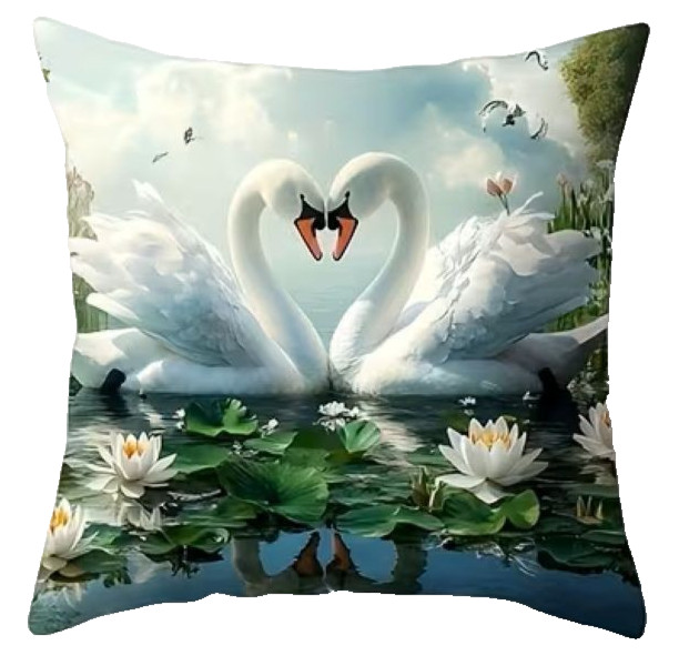 Elegant--SWANS-WHITE LOTUS FLOWERS-Zippered Pillow Cover-17x17-inch