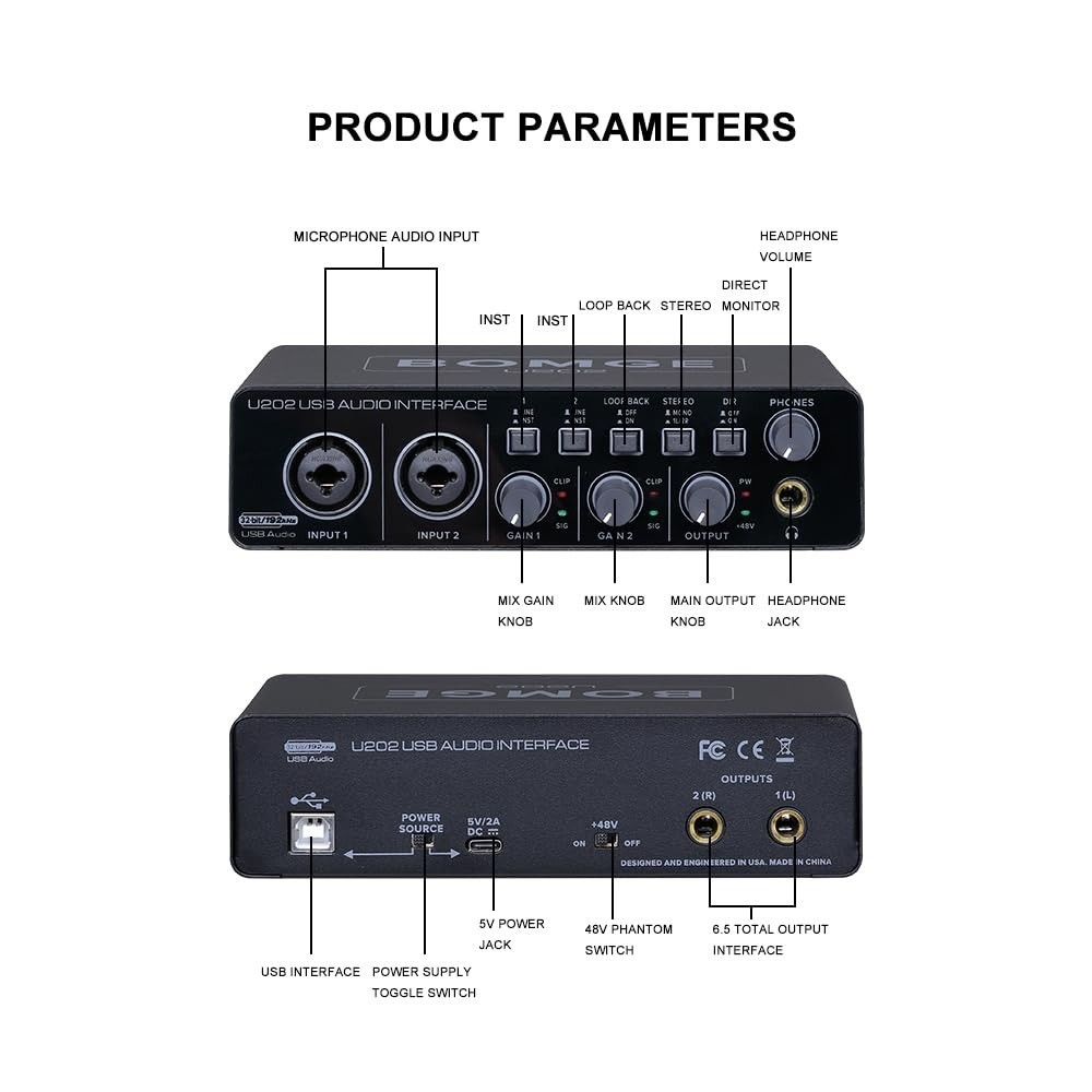 BOMGE U202 USB Audio Interface 2 Channels 192kHz for Recording & Streaming