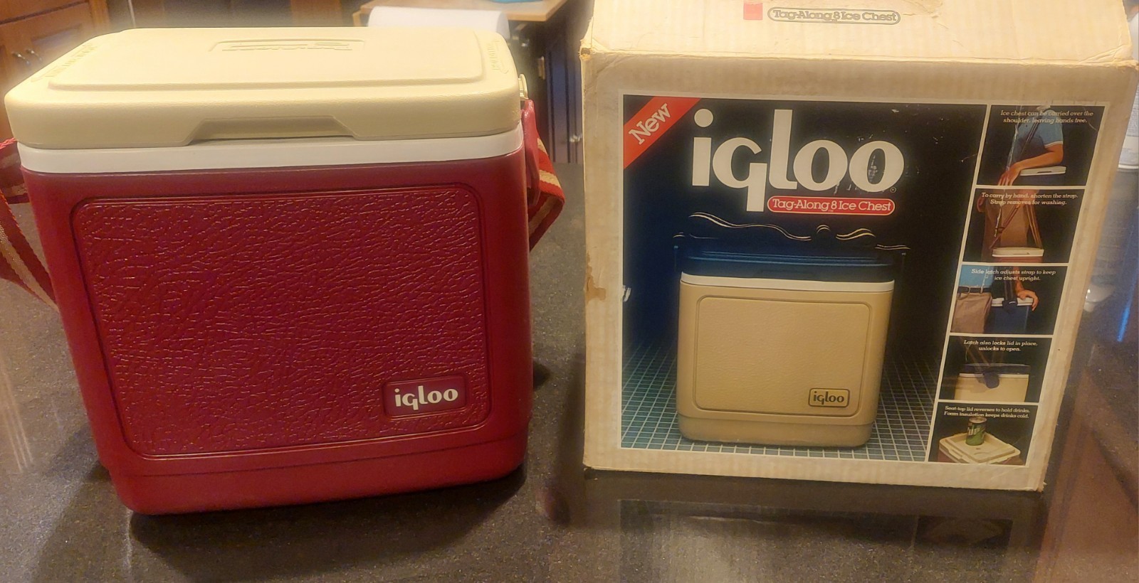 VINTAGE 1980's Igloo Tag Along 8 Quart Cooler Burgundy w/Strap Model 85 NOS Opn