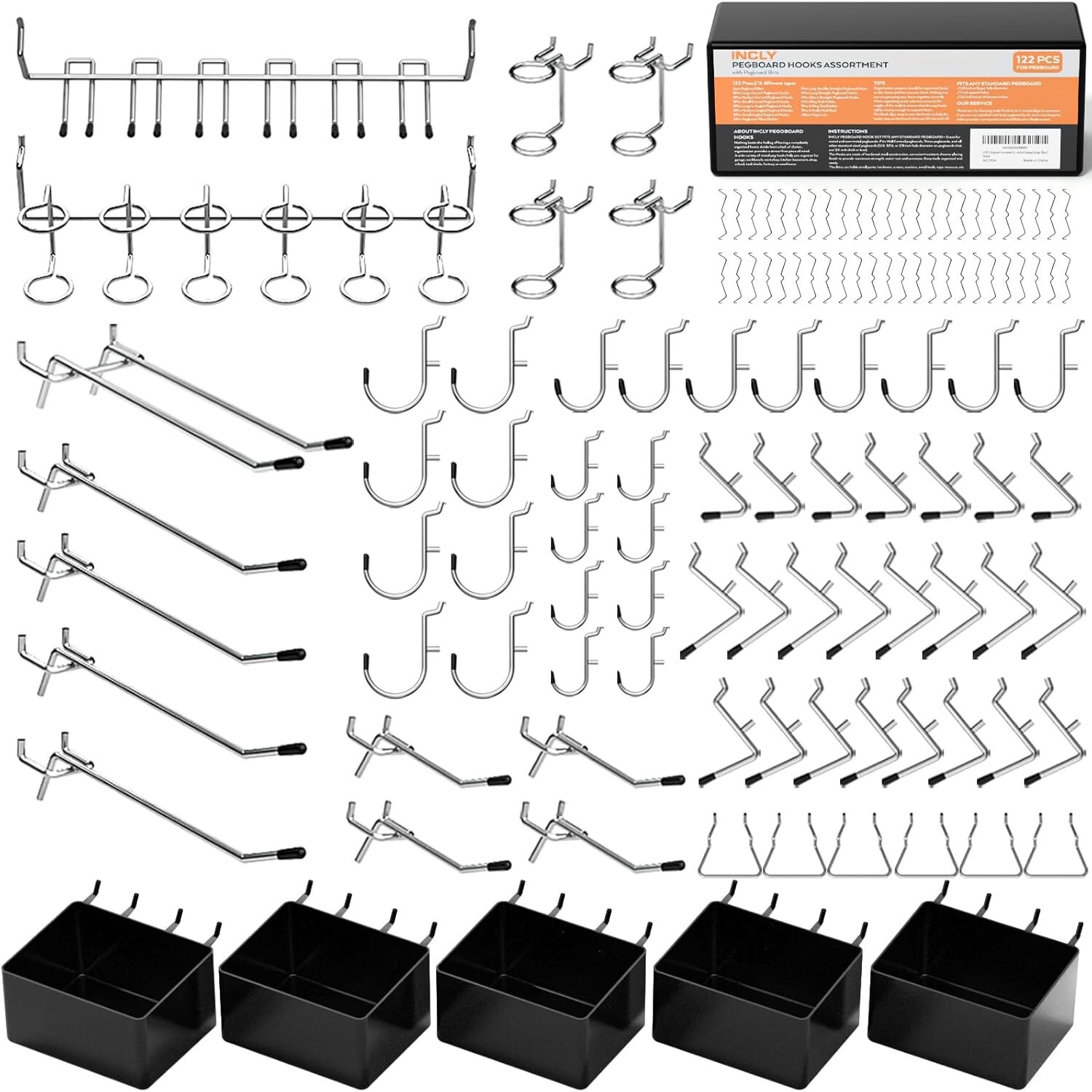 122PCS Pegboard Accessories Organizer Kit, Peg Board Hooks Set with Bins for Han
