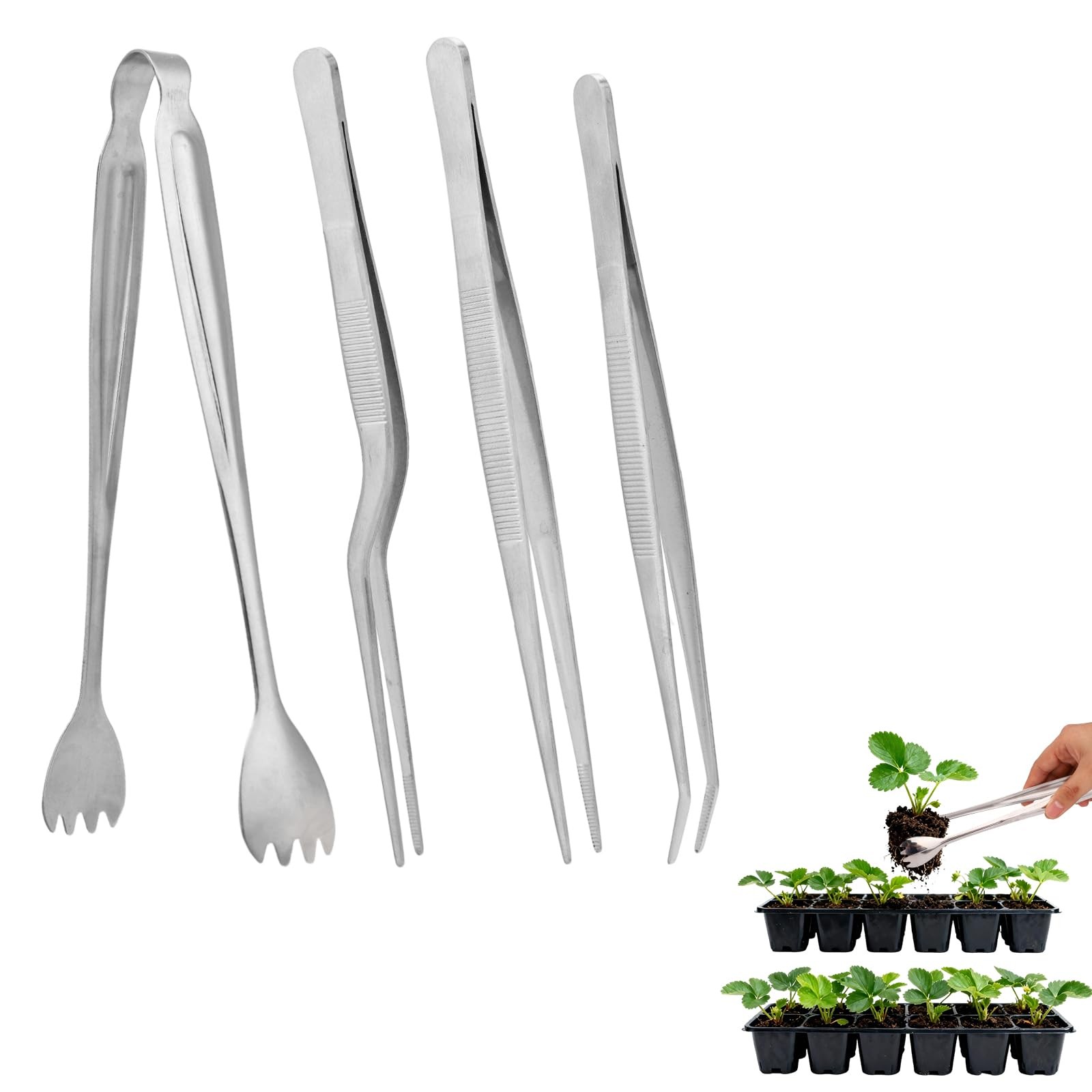 Seedling Transplant Tong & 3pcs Tweezers Set, Stainless Steel Long silver