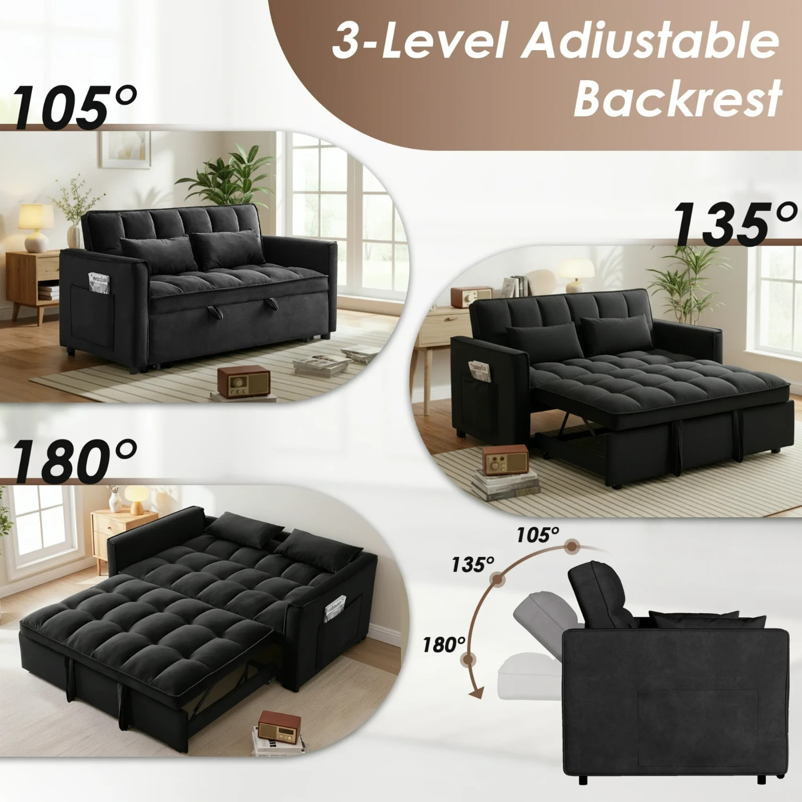 3 in 1 Convertible Sleeper Sofa Bed, Velvet Pull Out Futon Couch