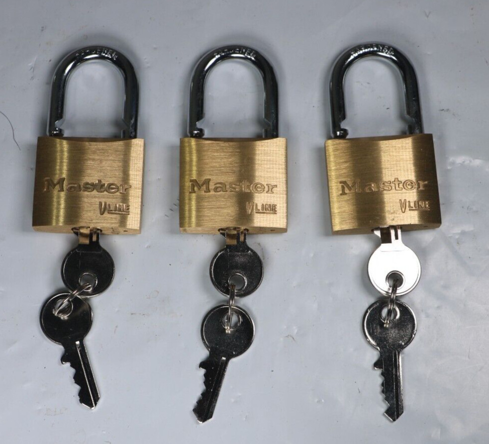 3 Master Lock 4140 Brass VLine Padlock & Keys Lot Of 3 Locks
