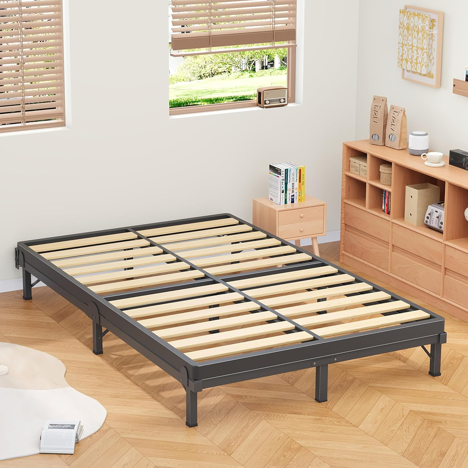 Metal Bed Frame Queen 8 Inches for Box Spring, 9-Legs Support Basics | Foldable