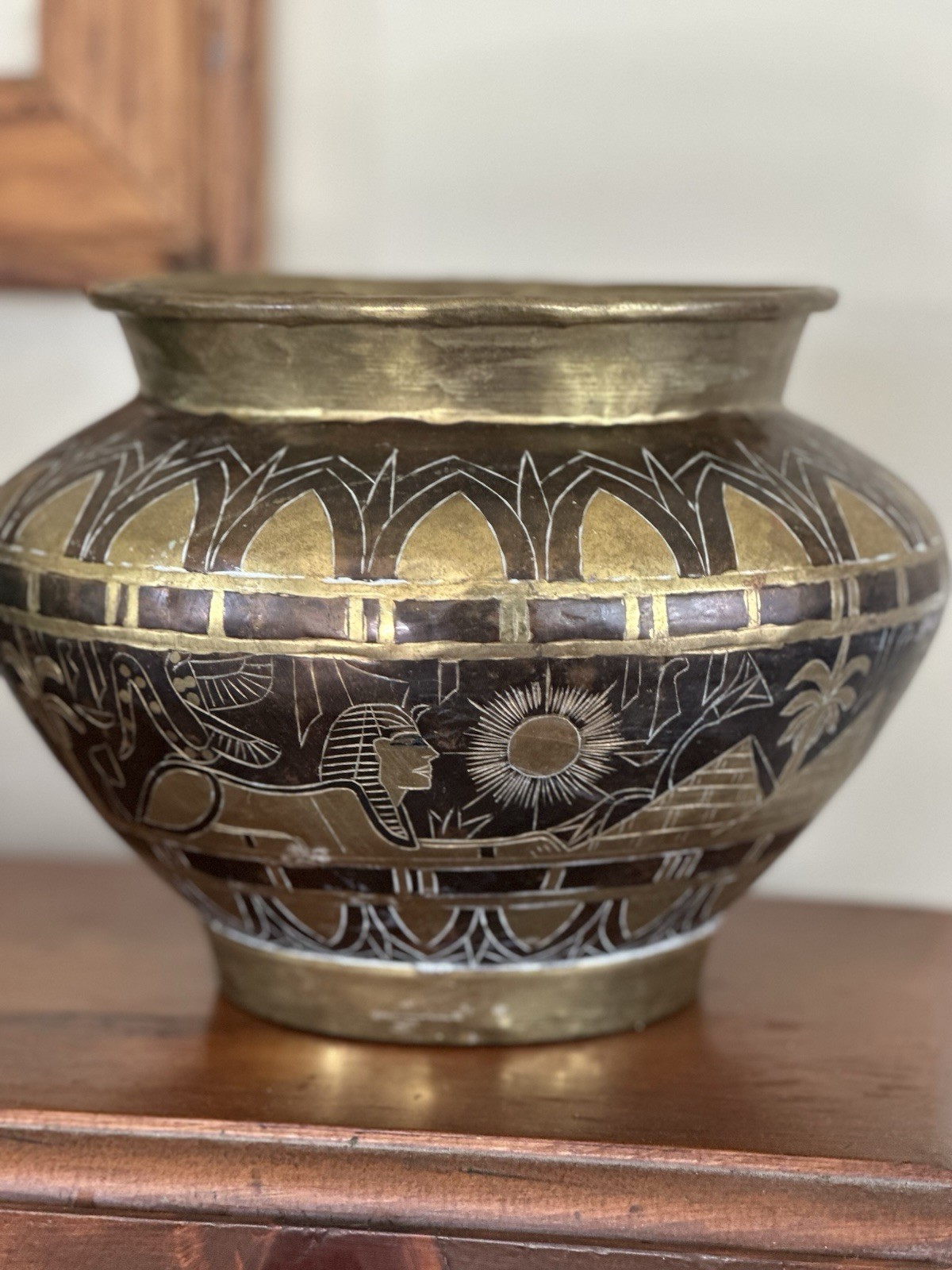 Vintage Egyptian Brass Mixed Metal Planter Bowl Pharaoh Etched Design