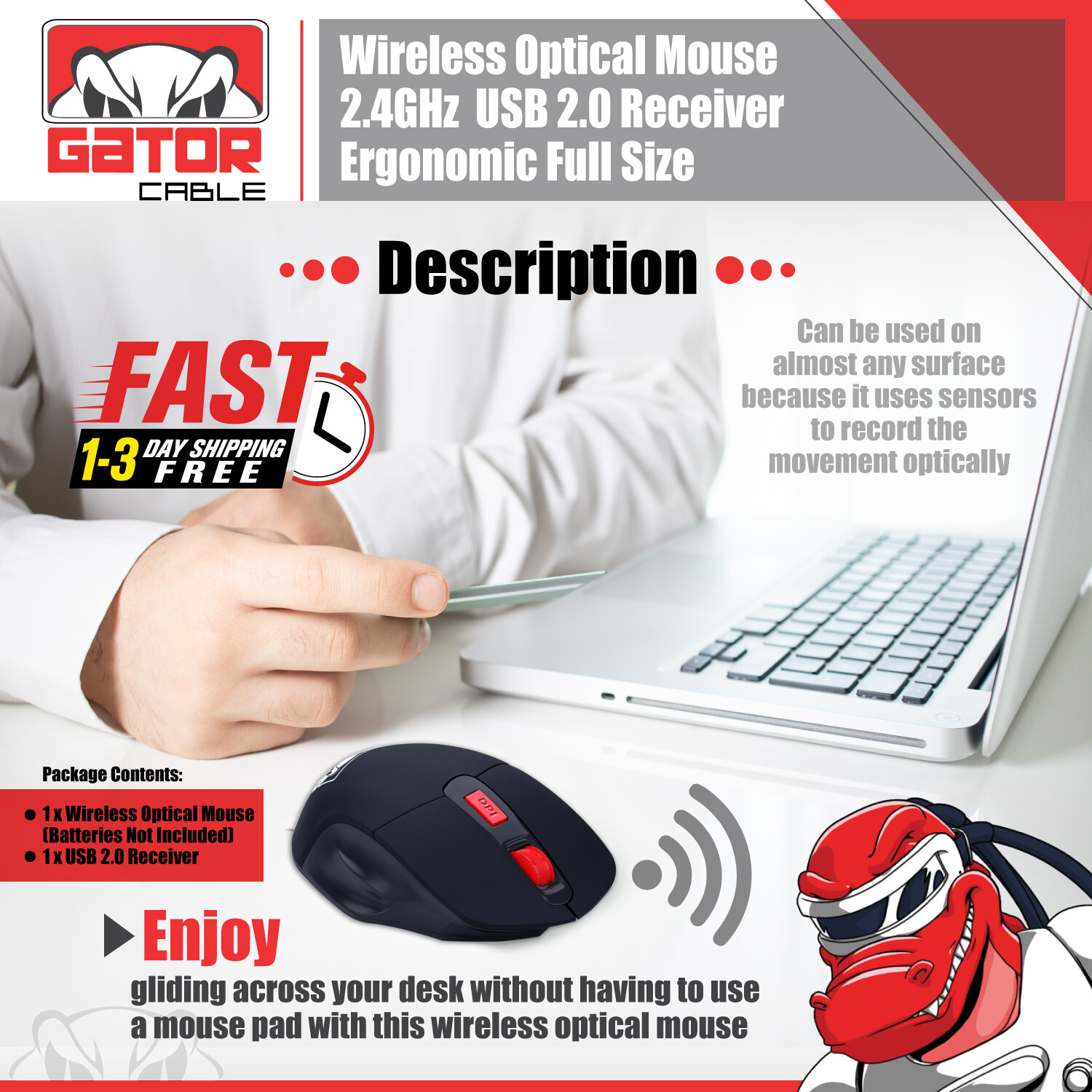 Wireless Optical Mouse Ergonomic USB Receiver 2.4GHz for Laptop PC Computer Mac