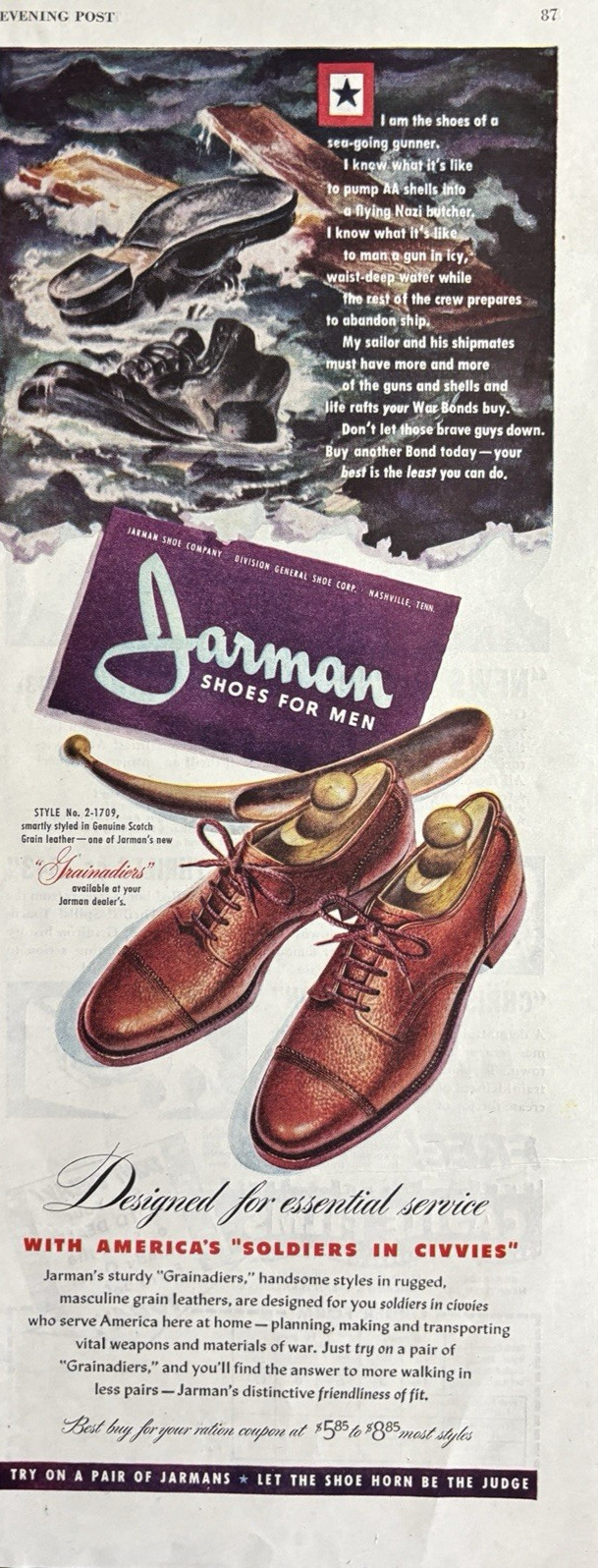 1943 Jarman Shoes Soldiers Civvies WWII Grainadiers Men Bonds Vintage Print Ad