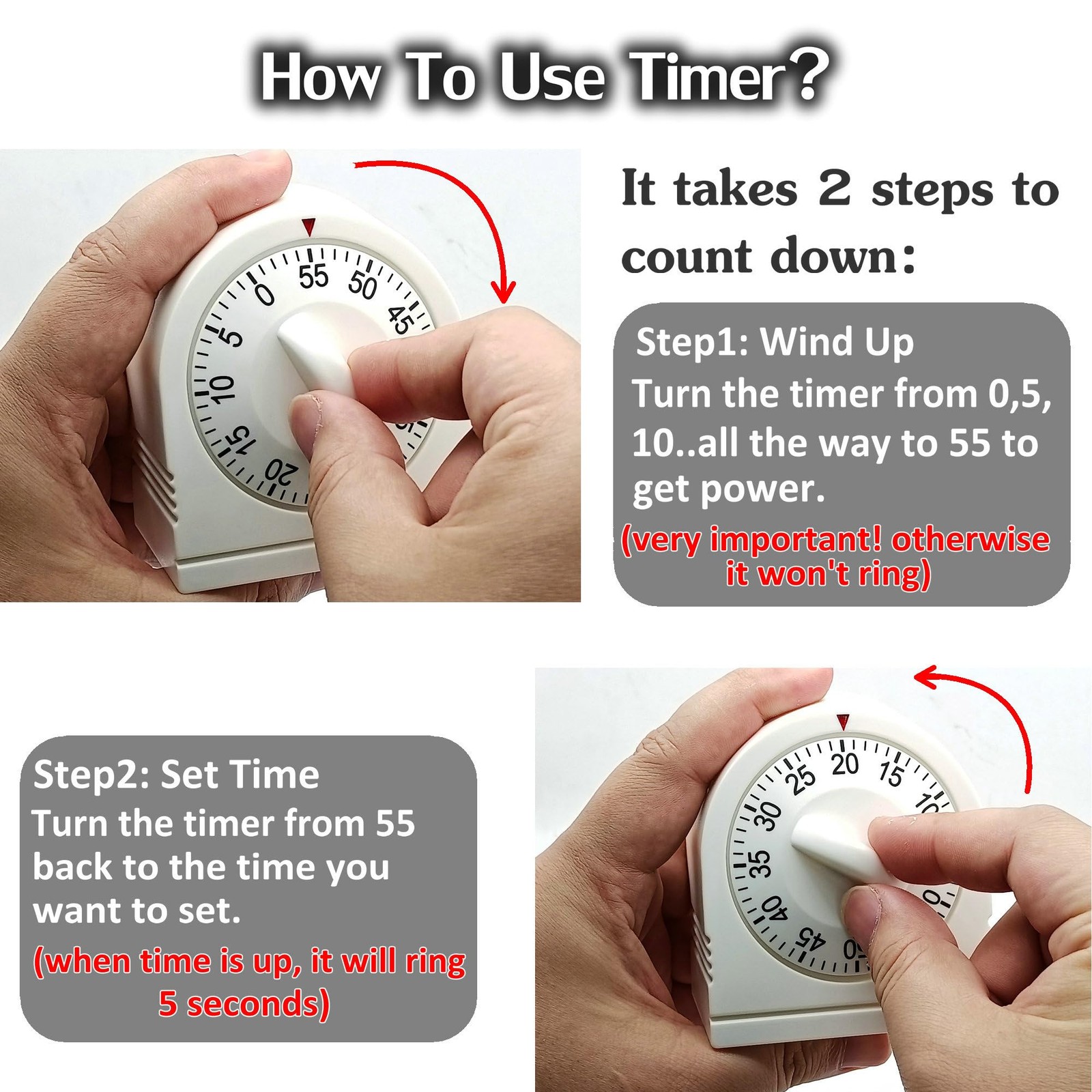 60 Minute Wind Up Mechanical Timer Visual Countdown with Loud Alarm White