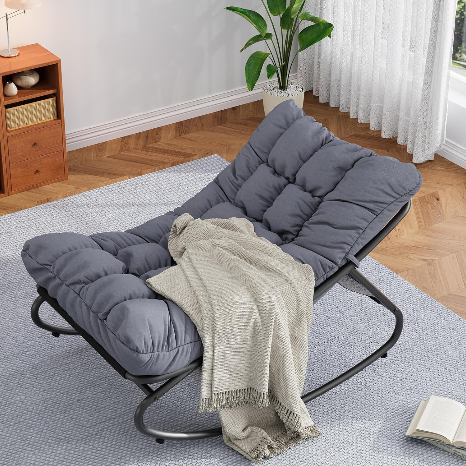 Papasan Rocking Chair, Indoor Outdoor Metal Patio Rocker with Comfy Cushion, 300