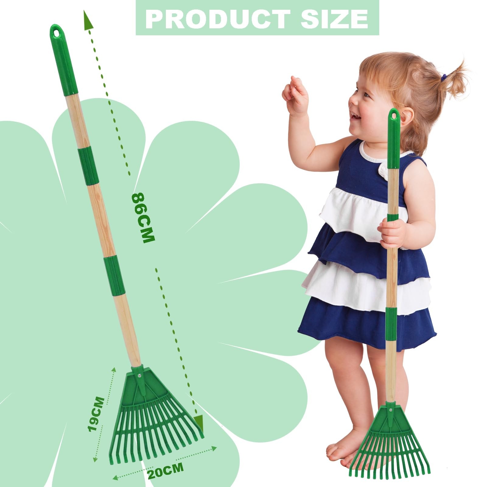 Green Kids Leaf Rake 3Section Adjustable Handle Lightweight Small Tool