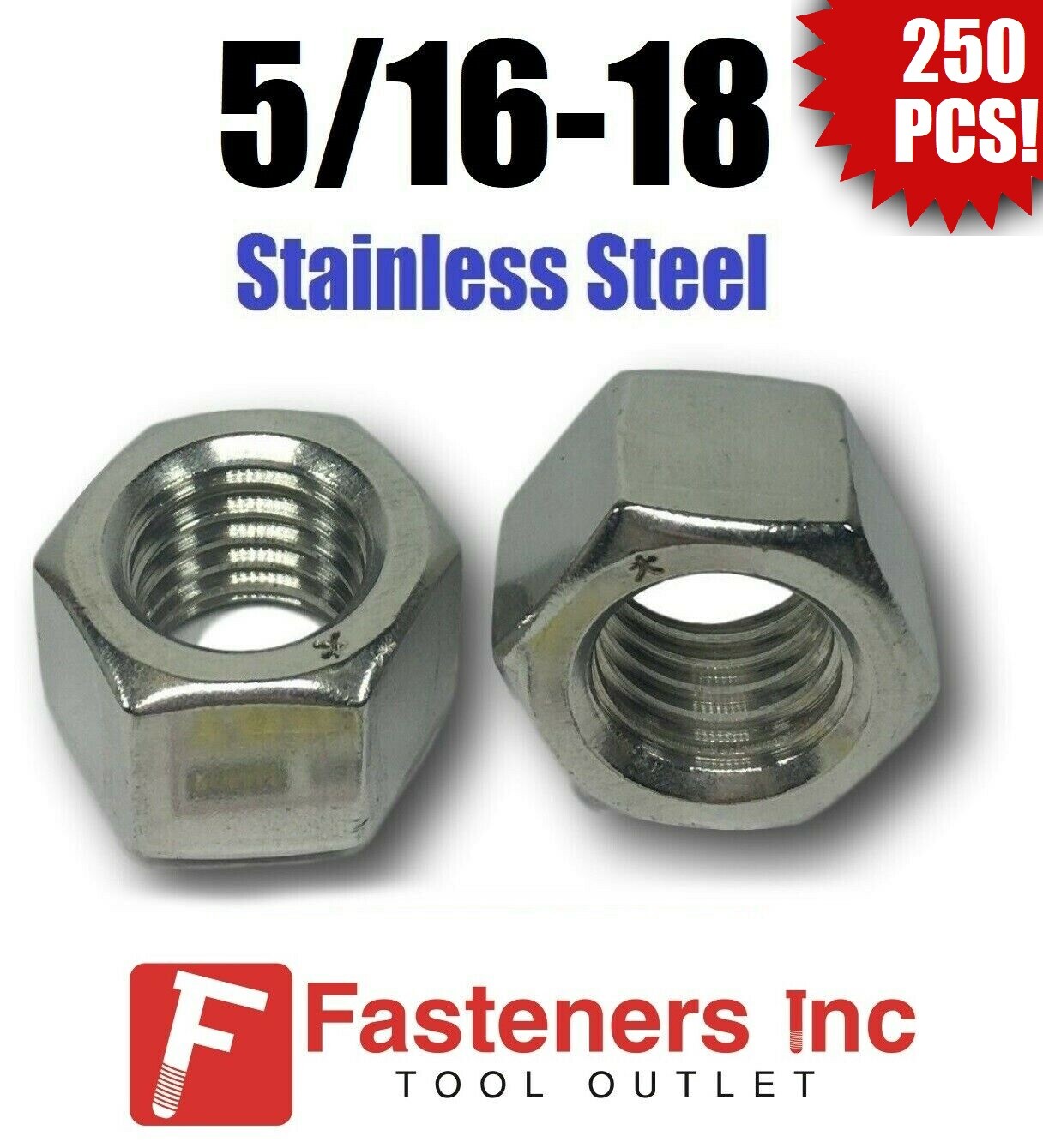 (Qty 250) 5/16-18 Stainless Steel Finished Hex Nuts 304 / 18-8 5/16"-18