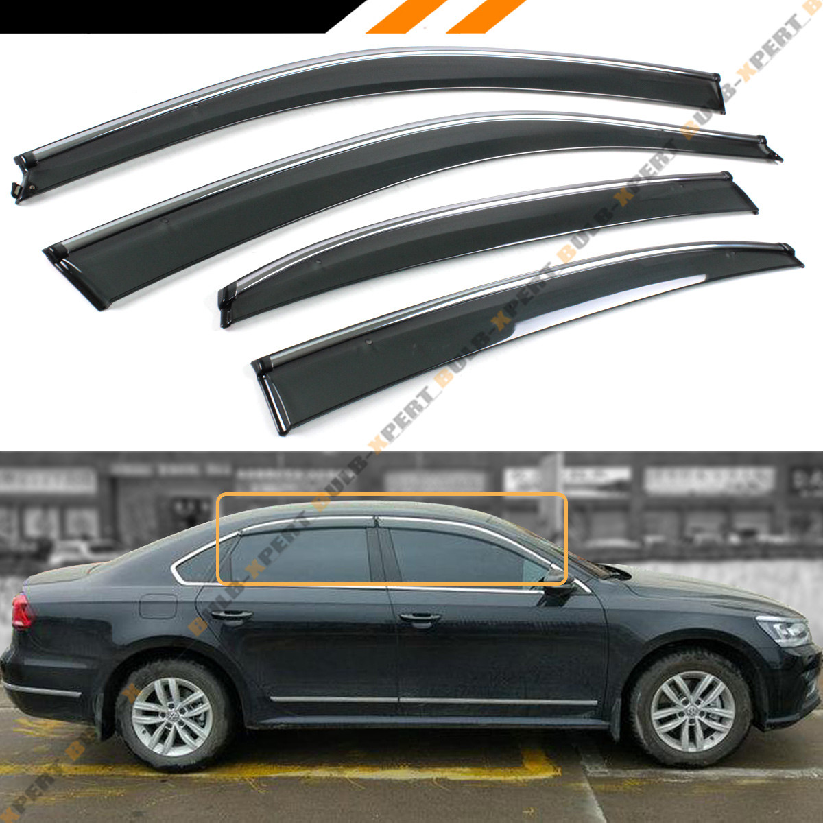 FOR 2012-18 VW PASSAT SMOKE TINTED CLIP ON CHROME TRIM WINDOW VISOR RAIN GUARD