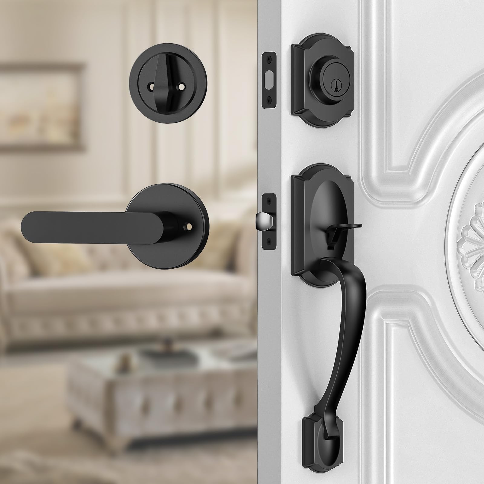 Calzibeno Front Door Lock Set, Black Front Door Handle and Deadbolt Set, Vint...