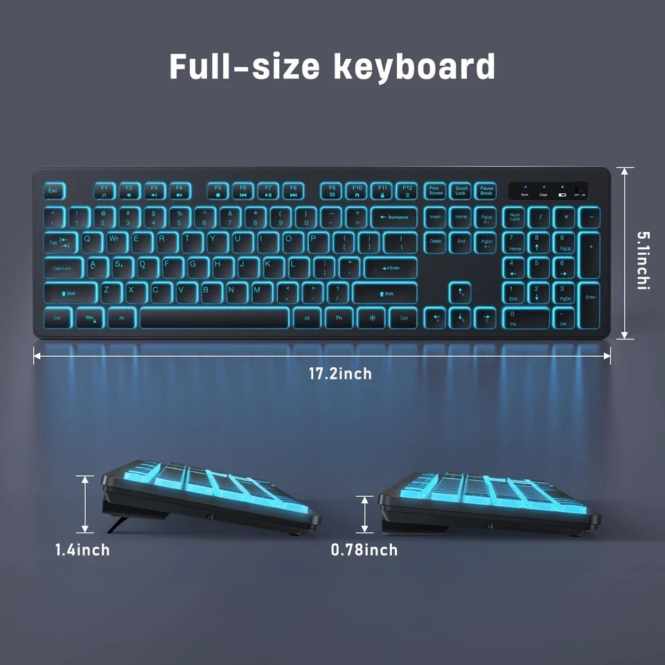 Backlit Wireless Keyboard, 2.4G Silent Wireless Light Up Keyboard, Full Size ...