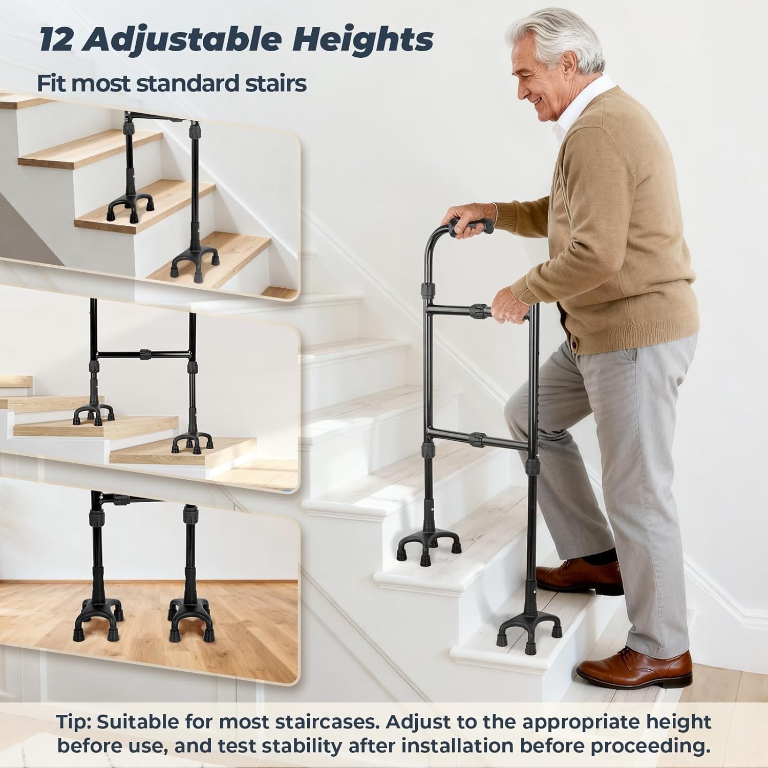 Stair Climbing Aid Cane for Seniors – Height & Width Adjustable, Lightweight ...