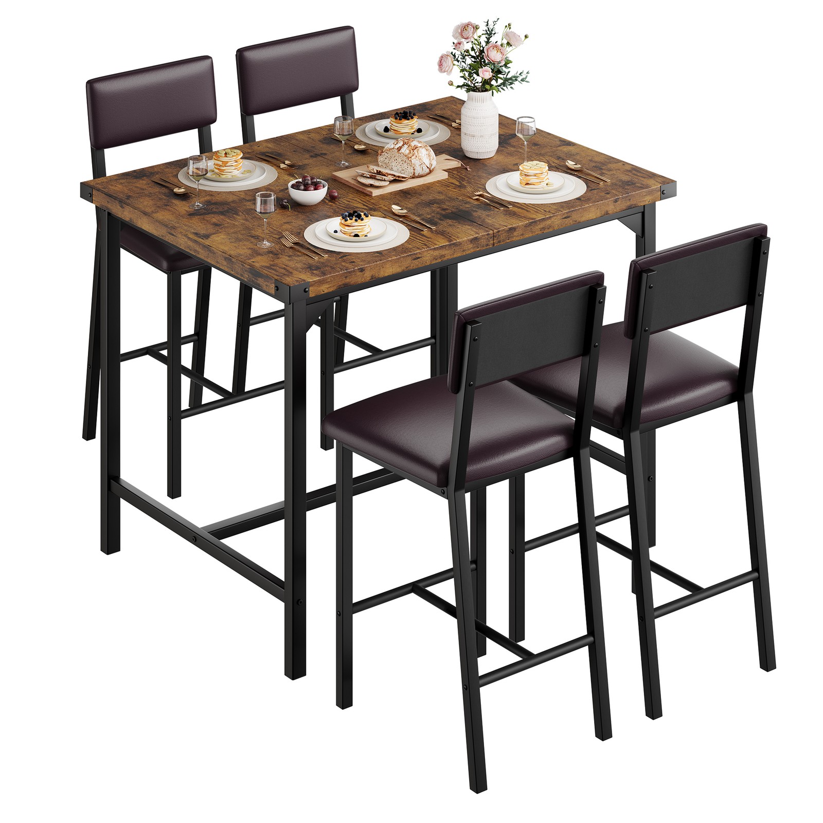 5-Piece Dining Table Set Counter Height High Top Table and 4 Upholstered Chairs