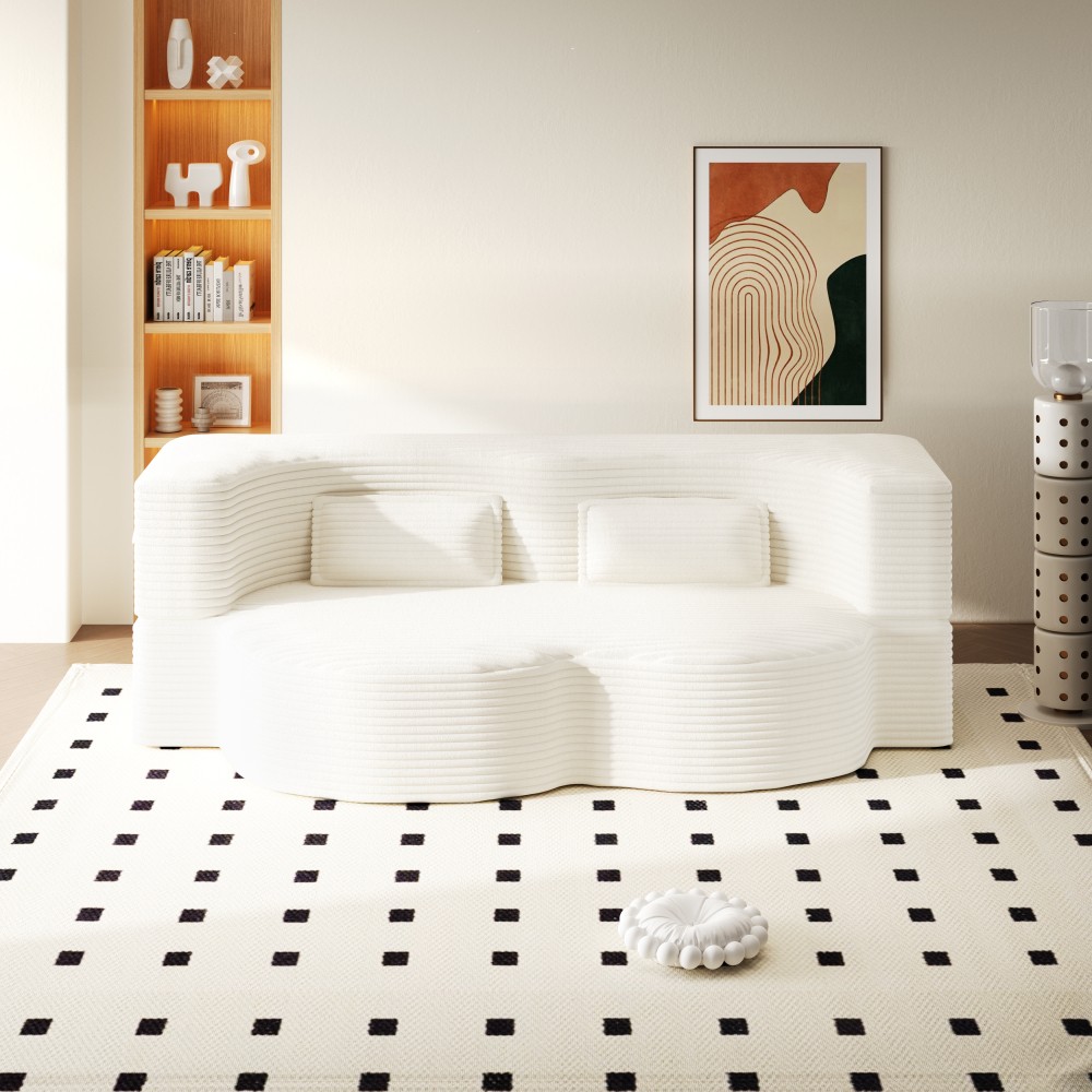 Twin Floor Sofa Bed w/Mattress, Corduroy Lounger & Pillows, Beige/White