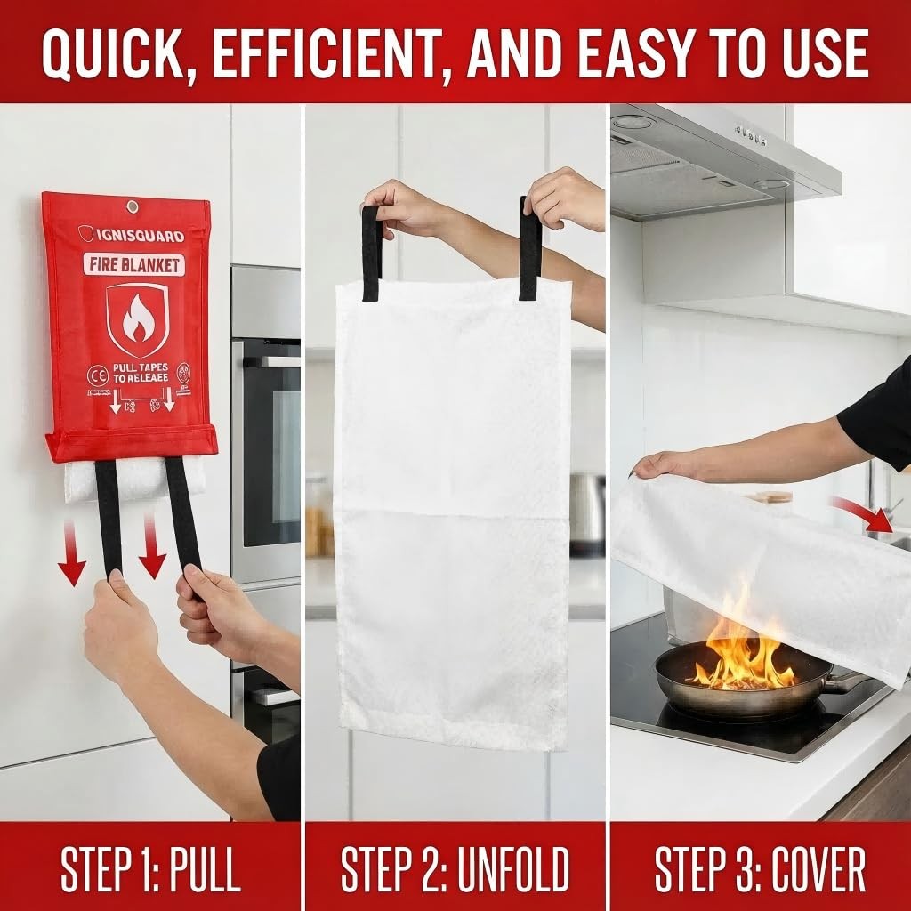 Fire Blankets 4 Pack, 40x40in with 1 Pair Fire Resistant Gloves & 4 Hooks, Fi...