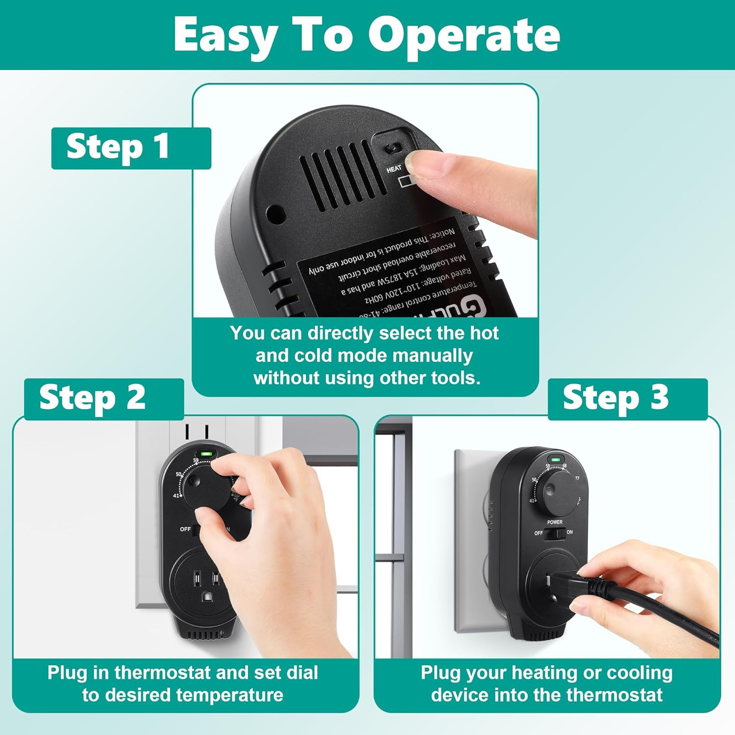 Adjustable Thermostat, Plug in Heating and Cooling Thermostat Controlled Outlet,