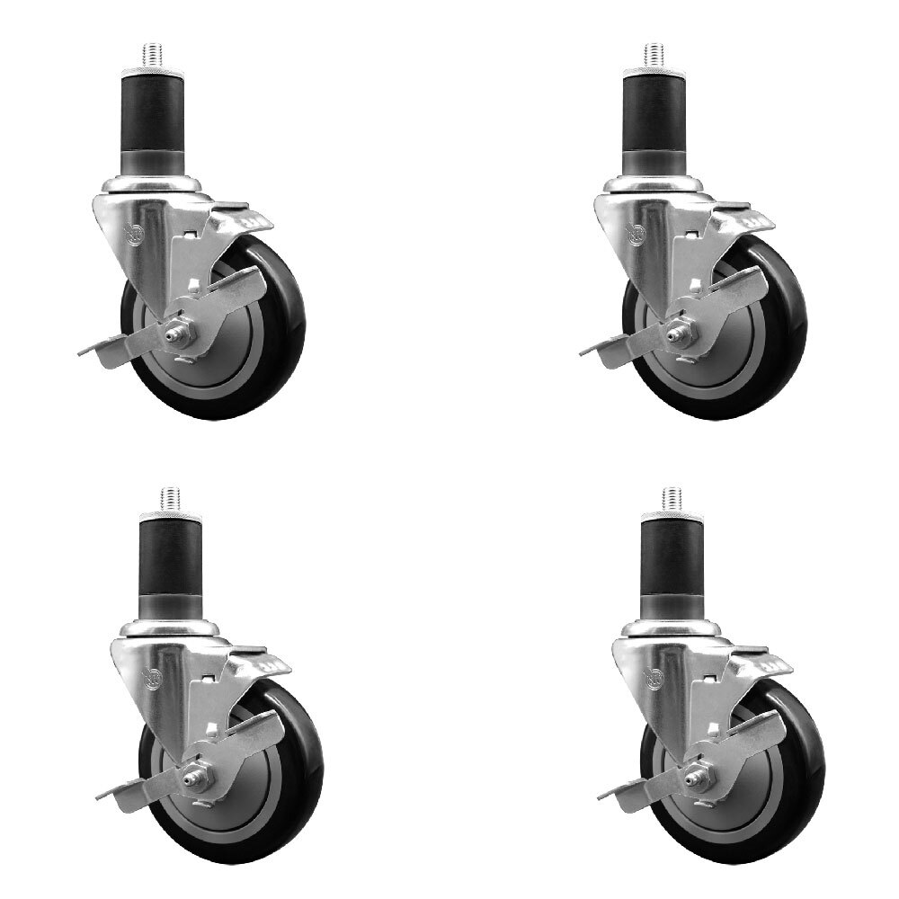 4 Inch Black Poly Swivel 1-5/8 Inch Expanding Stem Caster Set with Brake SCC