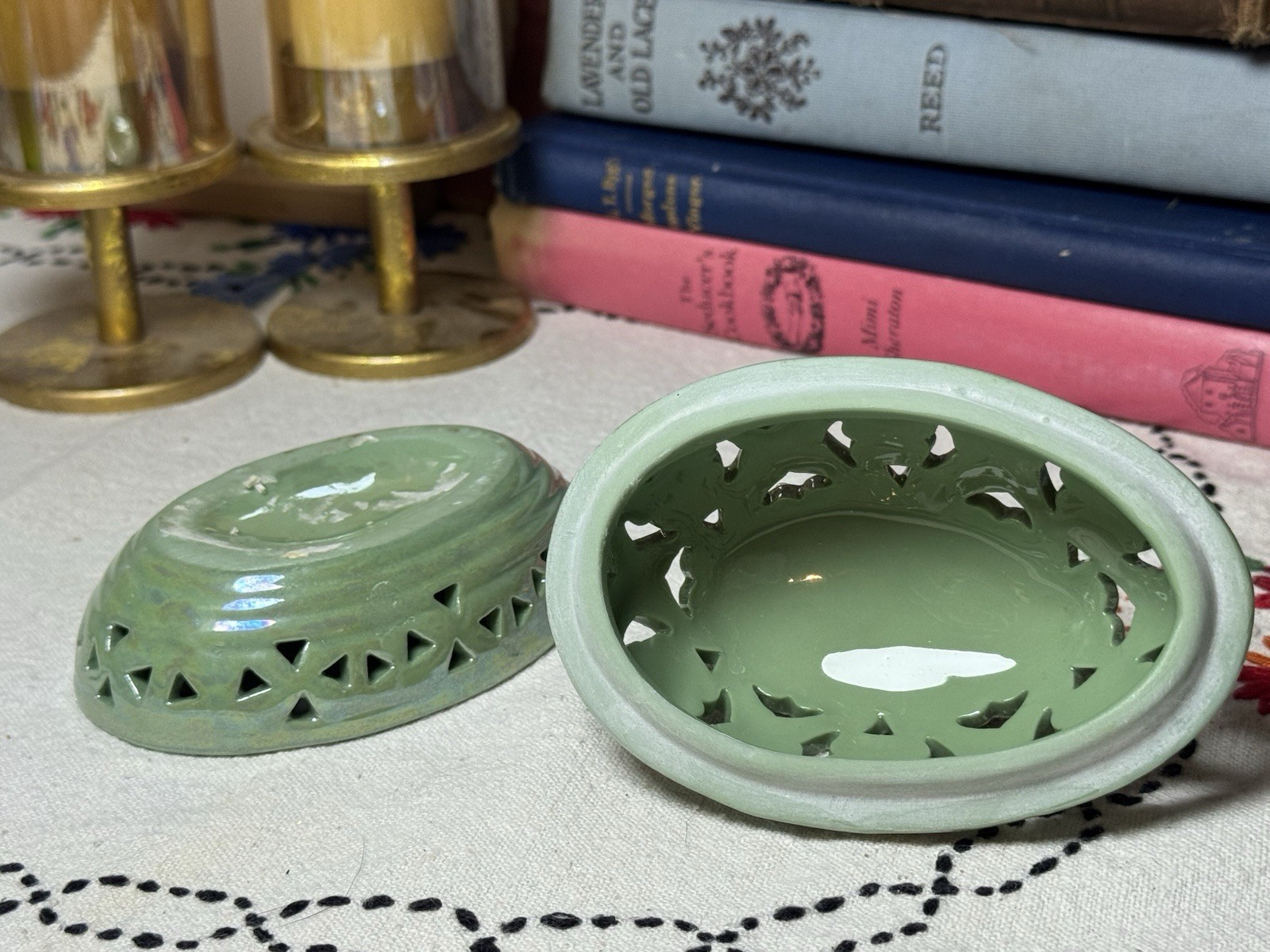 Green Lusterware Floral Easter Egg Shaped Porcelain Trinket Box with Lid