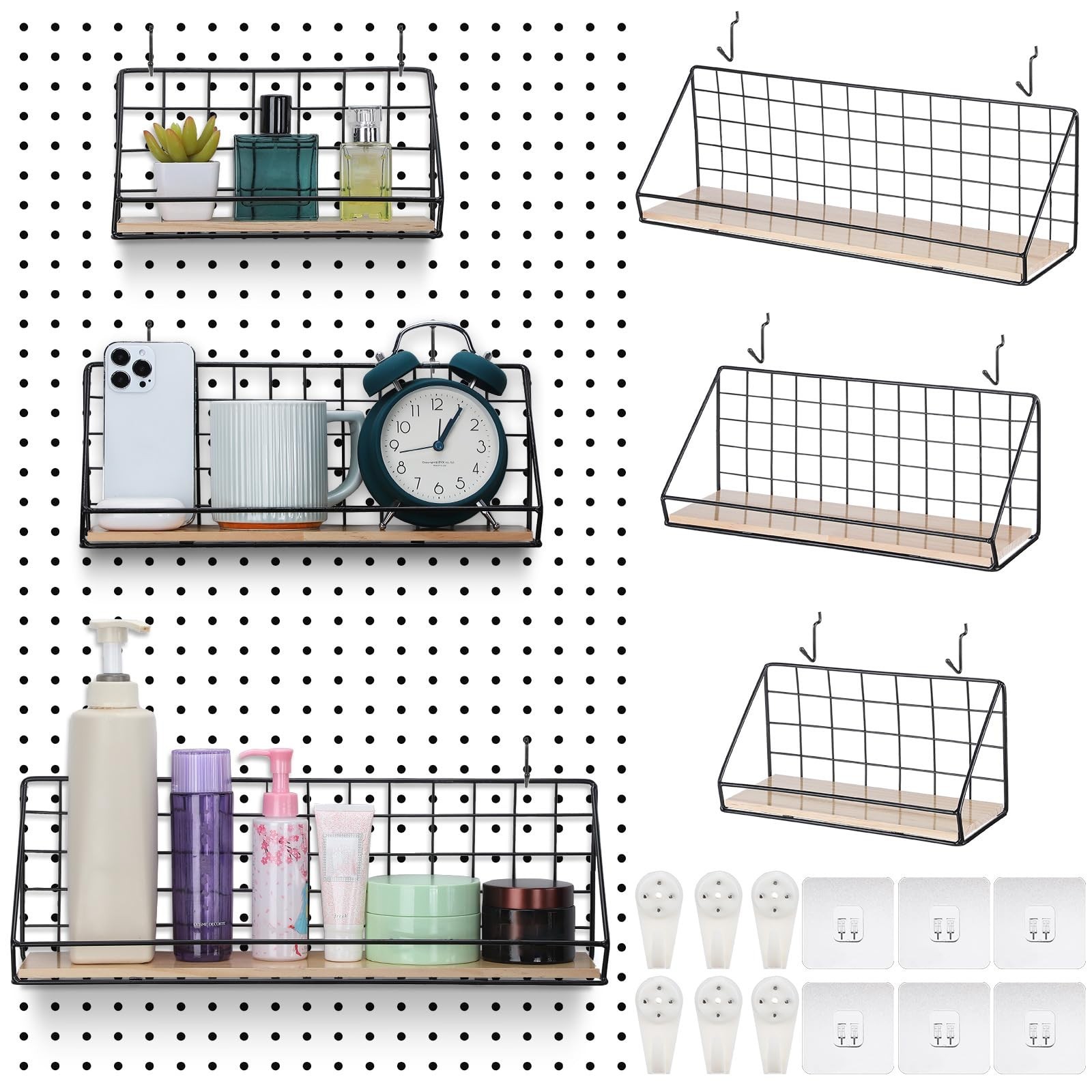 Roowest 3 Sets Metal Pegboard Shelves with Steel Peg Board Brackets and Hooks...