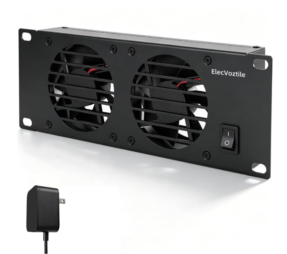 ElecVoztile 10” 2U Rack Mount Fan Panel Dual Fan 5V Adapter Metal Case Server