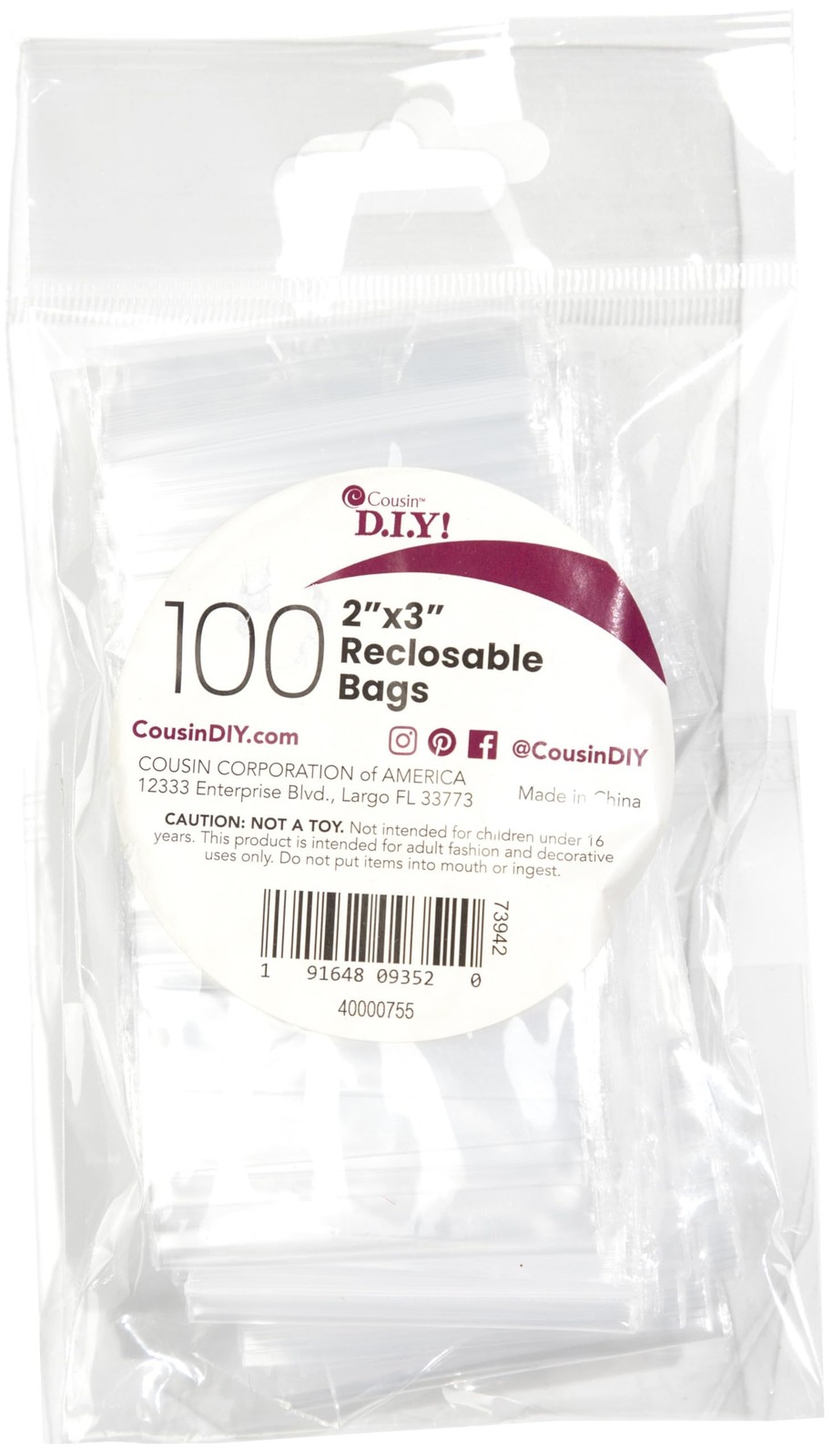 Cousin DIY, 2 x 3 inch, 100 Pack Reclosable Storage Bags, Clear