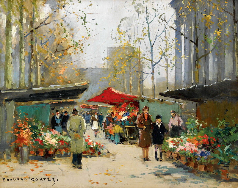 French Paris Street flower market Oil painting Wall art Printed on Canvas P1092