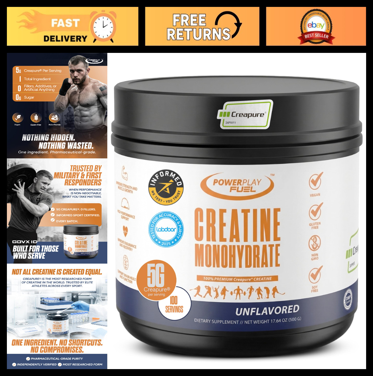 Pure Micronized Creatine Monohydrate Powder - Muscle Strength & Recovery, Unflav