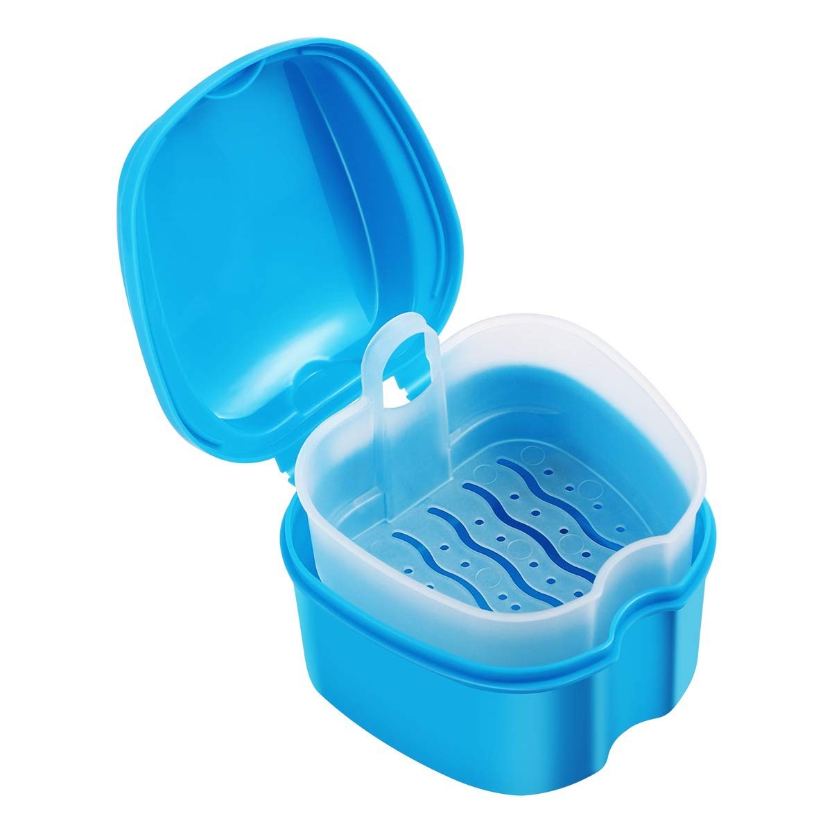 Compact Blue Denture Storage Case with Drain Basket - Perfect for Retainers