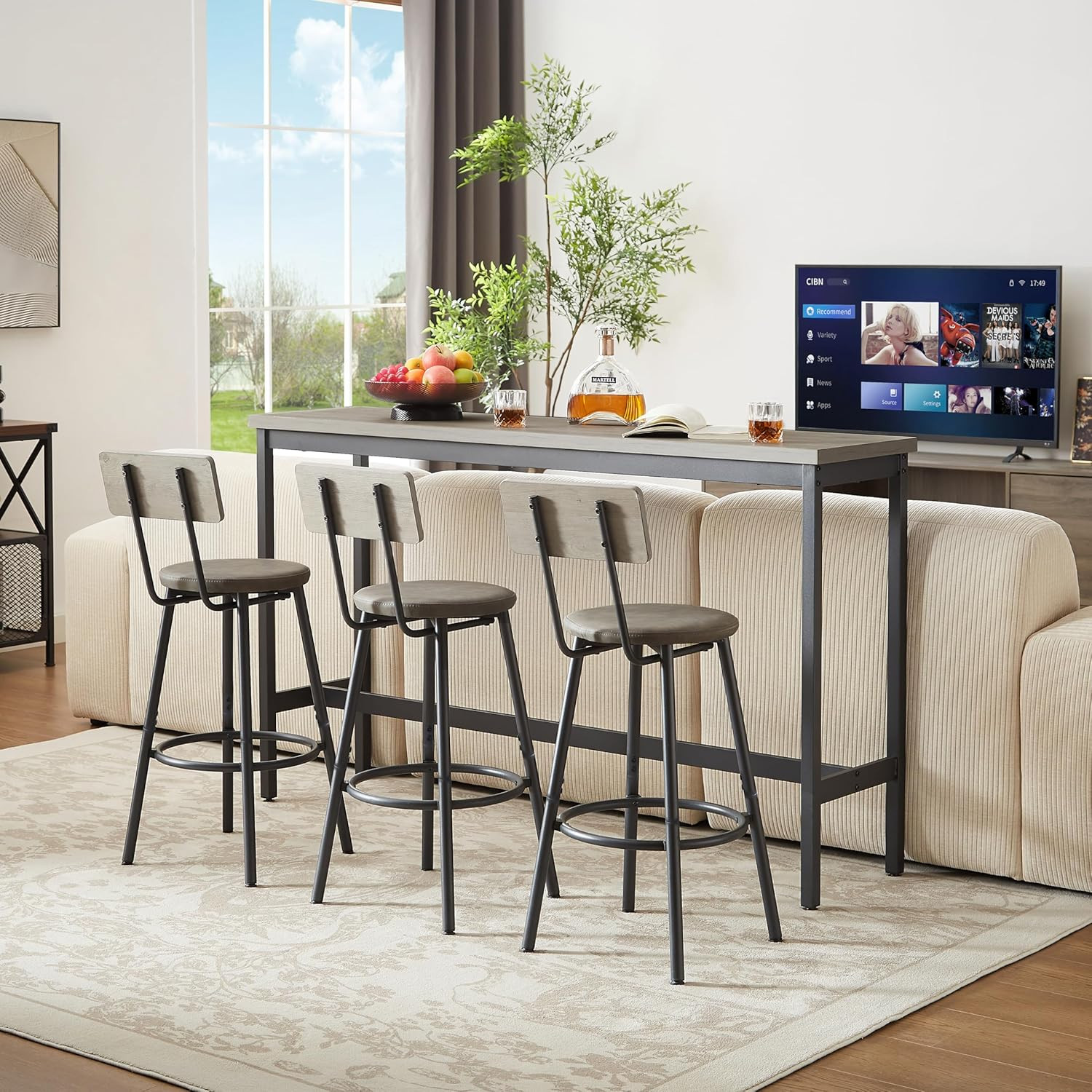 Long Bar Table Set with 3 PU Upholstered Bar Stools, Industrial Counter Height D