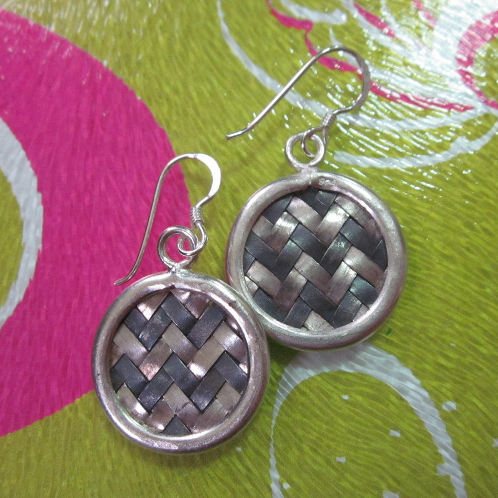 Hill Tribe Fine Sterling Silver Earrings Orecchini Tribal Round Weave Dual Color