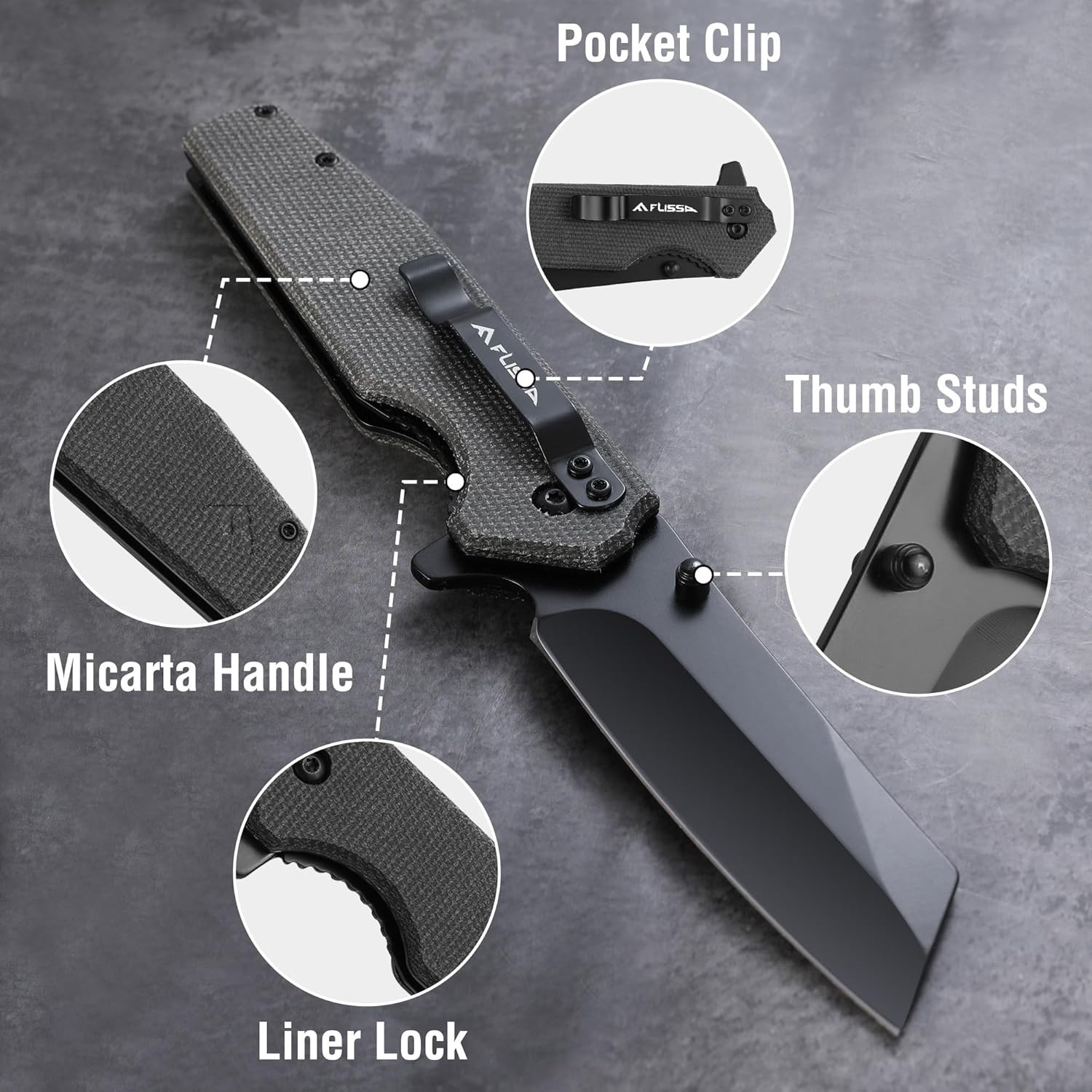 FLISSA Pocket Knife 3.5" Folding Stonewash Blade Tactical Knife Micarta Handle