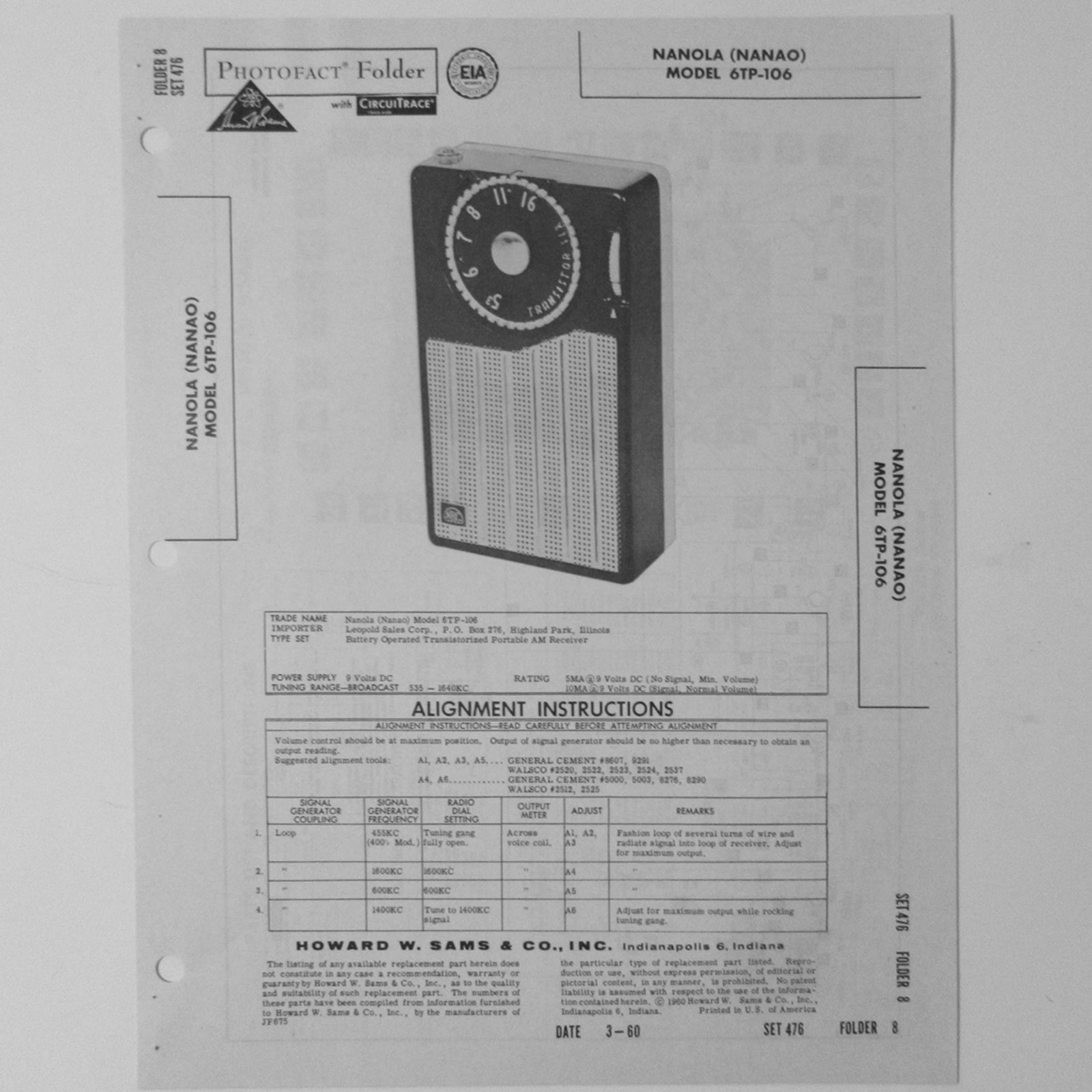 Nanola Model 6TP-106 Portable Transistor AM Receiver SAMS Photofact ™ 1960 - New