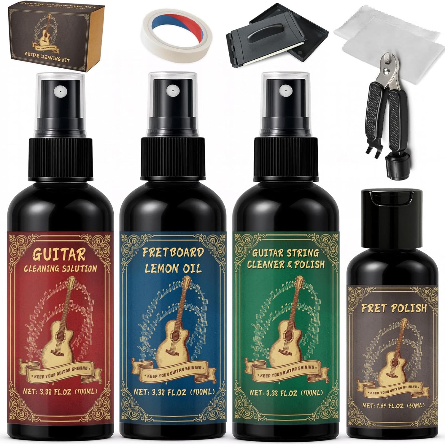 9pcs Guitar Cleaning Kit with Fret Polish, Guitar Cleaner Prevents Wear, Fading,