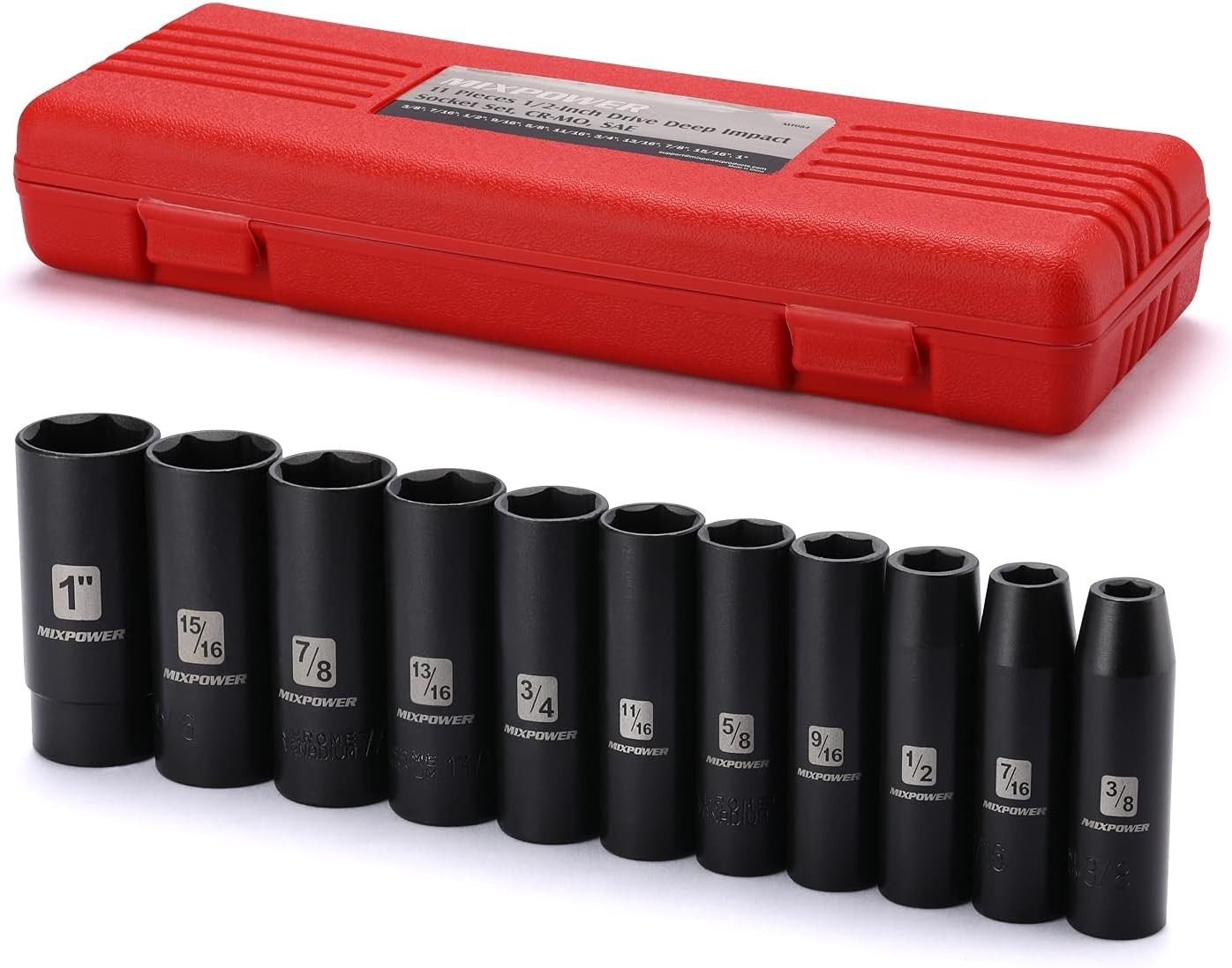 Impact Socket Set 11 Pieces Chrome Vanadium Deep SAE 6-Point for Heavy Duty