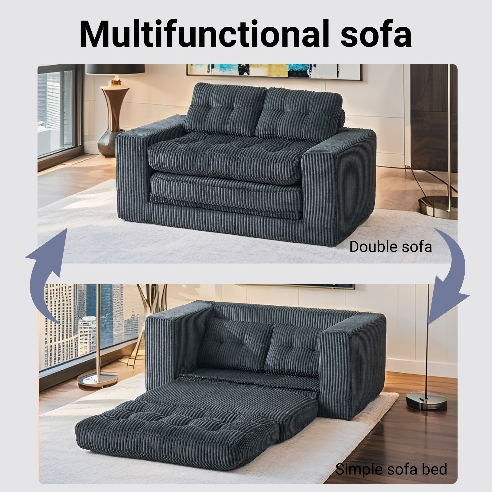 Loveseat Sofa Bed with Memory Foam & Steel Frame - No Assembly, Convertible