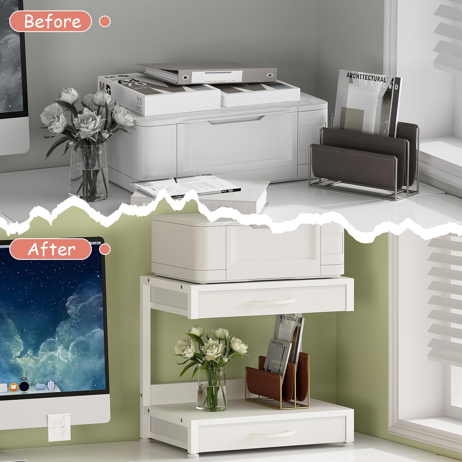 2-Tier Desktop Printer Stand with 2 Fabric Drawers, Prtiner Table with Storag...