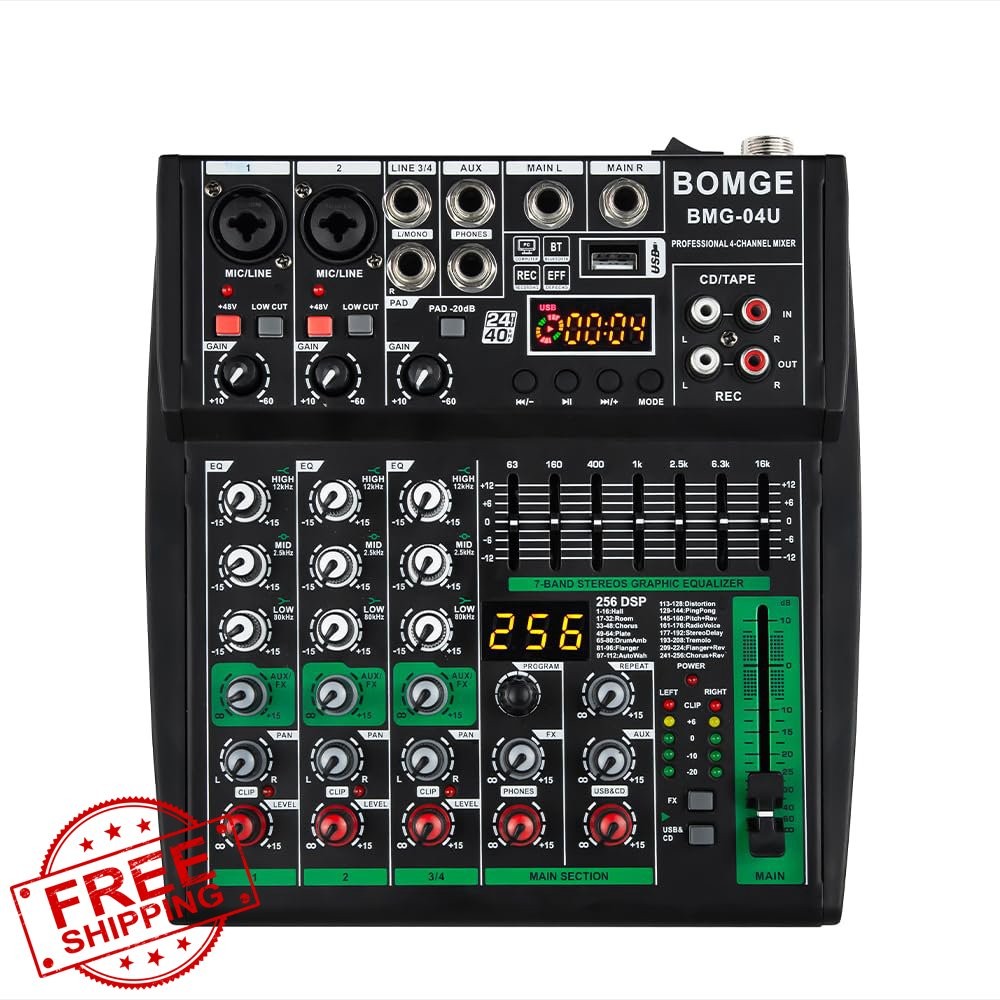 BOMGE 4 Channel DJ Mixer Bluetooth MP3 USB 256DSP Phantom Power